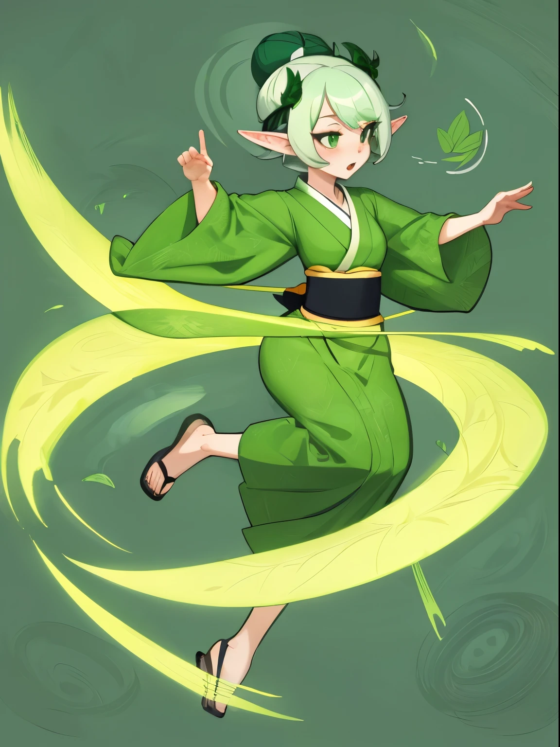 Elf female, feminine look, sexy hair, green outfit, leaves around body, swirling air movement, wide angle, full body view, loose fabric, geometric shapes, small breasts, lime pattern kimono, brushstrokes yellow, up-do hair, Bauhaus, geometric shapes