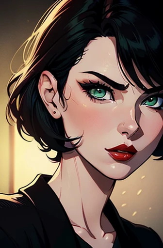 Mature woman, pale skin, green eyes, serious expression, short black hair, red lips, anime style illustration, high-resolution, best quality, ultra-detailed, vivid colors, studio lighting, dim lighting
A sophisticated and mature woman with a serious expression is depicted in this anime-style illustration. Her cool green eyes are accentuated by her short black hair that falls around her face. Red lips enhance her serious look, adding an alluring touch. The illustration is rendered in high-resolution and best quality, with every detail ultra-detailed and vibrant. Vivid colors bring the artwork to life under studio lighting, while the dim lighting creates an intriguing contrast.