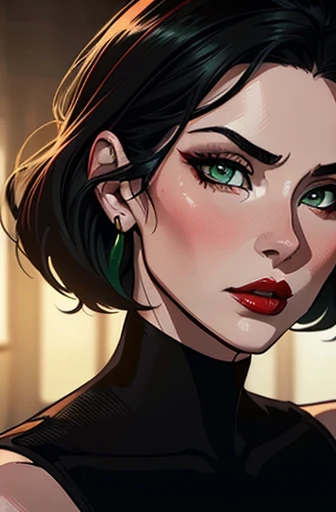 Mature woman, pale skin, green eyes, serious expression, short black hair, red lips, anime style illustration, high-resolution, best quality, ultra-detailed, vivid colors, studio lighting, dim lighting
A sophisticated and mature woman with a serious expression is depicted in this anime-style illustration. Her cool green eyes are accentuated by her short black hair that falls around her face. Red lips enhance her serious look, adding an alluring touch. The illustration is rendered in high-resolution and best quality, with every detail ultra-detailed and vibrant. Vivid colors bring the artwork to life under studio lighting, while the dim lighting creates an intriguing contrast.