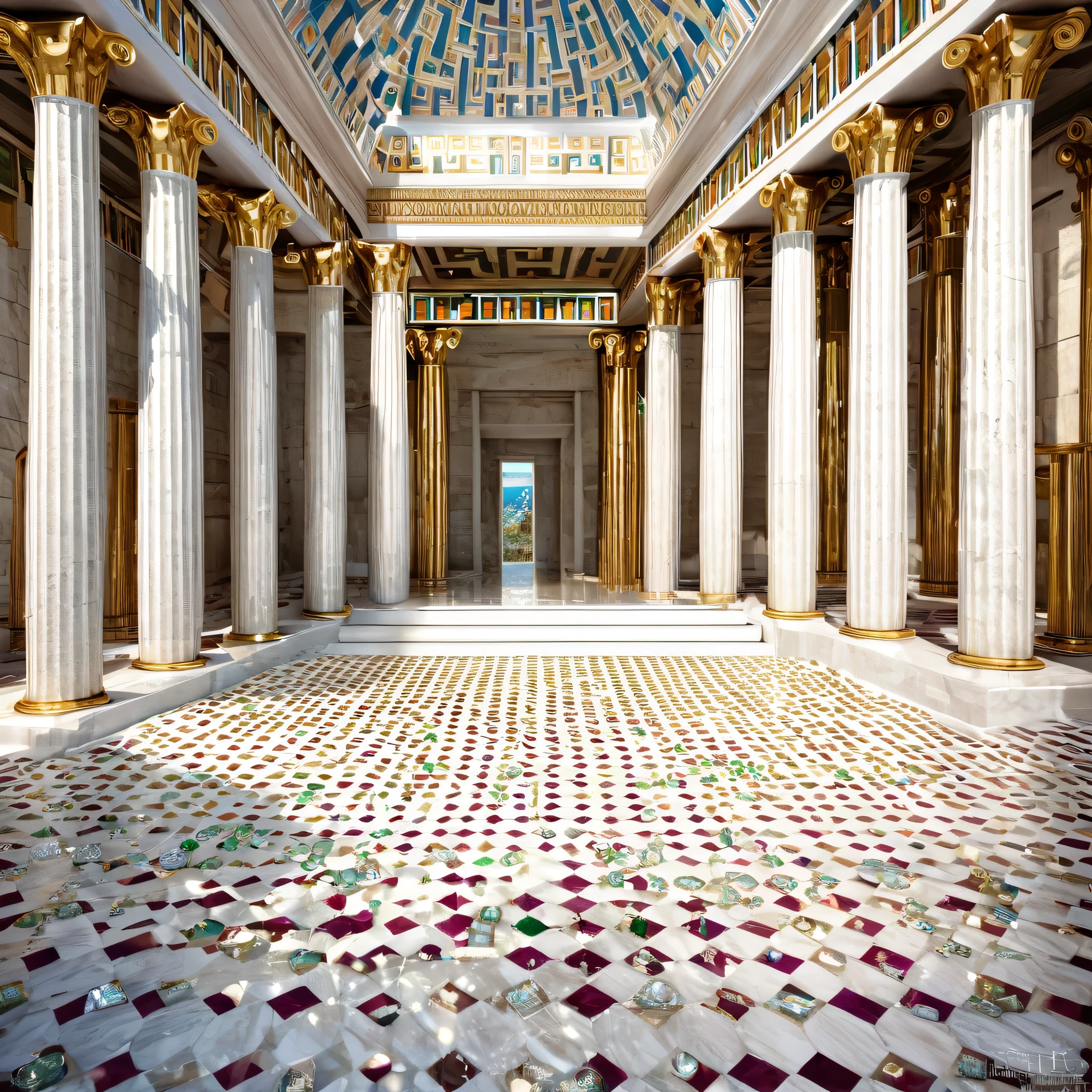 The inside of a lavish Greek temple with pillars, treasures, gold , diamonds , rubies & emeralds of all cuts and different sizes cover the floor