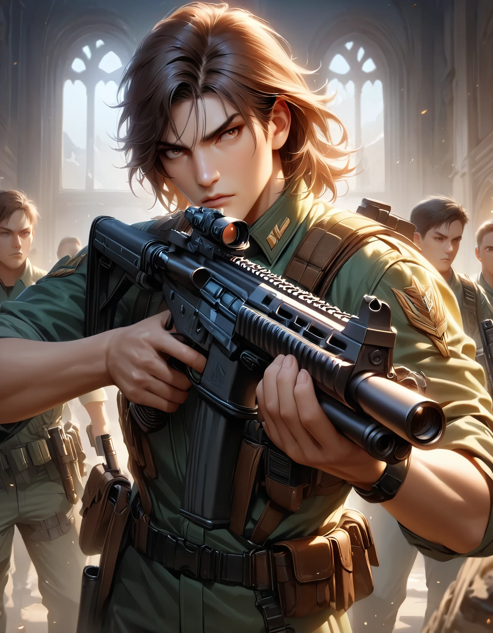 masterpiece, best quality, hyper-detailed, ultra-detailed, 1boy, college-age man, assault rifle, brown eyes, brown hair, medium hair, short hair, perfect hands, gun, holding gun, holding weapon, holster, holstered weapon, male focus, military, military uniform, pistol holster, pistol in holster, realistic, rifle, scope, sleeves rolled up, solo, solo focus, trigger discipline, light green uniform, weapon