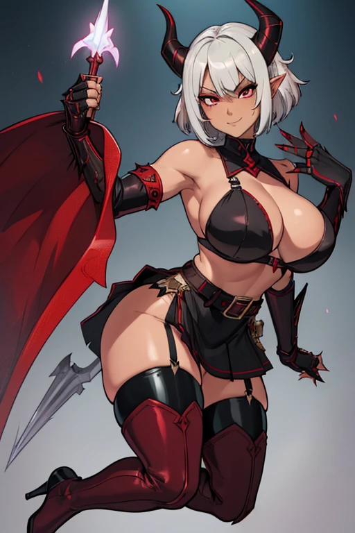 female, silver short hair, red eyes, dark skin, curved black horns, Dark Elf, (((1girl))), (((metal gauntlets))), (knee high metal heeled boots), (black bra), (black panties), (maroon quarter skirt), (brown belt), (black thigh high socks), cute and sexy, long legs, full body, large breasts, large butt, smirking, holding spear