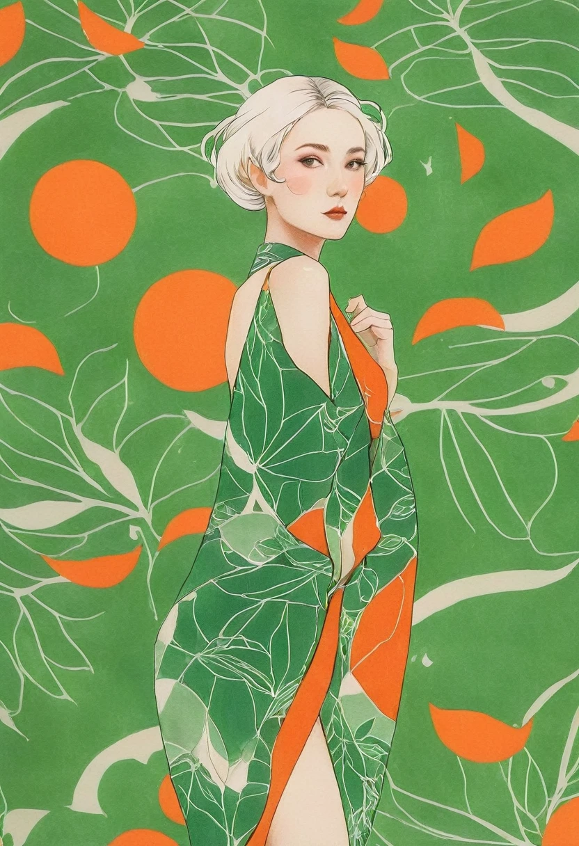 Elf female, feminine look, sexy hair, green outfit, leaves around body, swirling air movement, wide angle, full body view, loose fabric, geometric shapes, small breasts, sherbet pattern kimono, persimmon, up-do hair, Bauhaus, geometric shapes