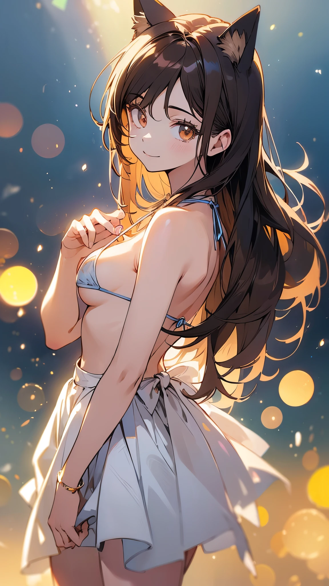 (highest quality, 4k, High resolution, masterpiece:1.2), Super detailed, (anime style, photorealistic:1.37), cinematic light, Bright colors and mesmerizing effects, Soft and delicate lighting, gentle shine, Beautiful and gentle atmosphere throughout the scene, (1girl:1.5), joven, (Cara finamente detallada:1.4, Ropa detallada), (Detallado:1.4) named (Eimi Fukada:1.1) BREAK Cara hermosa, Profundidad de campo, Agregar capa, 27 years old, Modelo de cuerpo perfecto, senos perfectos, 175cm de altura, pose sexy, full body, cuerpo completo, Tipo de cuerpo del modelo, BREAK (micro bikini:1.3), (Cabello largo:1.2), (brunette:1.5), dark brown hair, doble parpado, (brown eyes:1.5) BREAK (cowboy shot:1.5), shiny skin, perfect fingers, five fingers, anatomically correct, background bokeh, park, fake cat ears, looking at the viewer, smile,