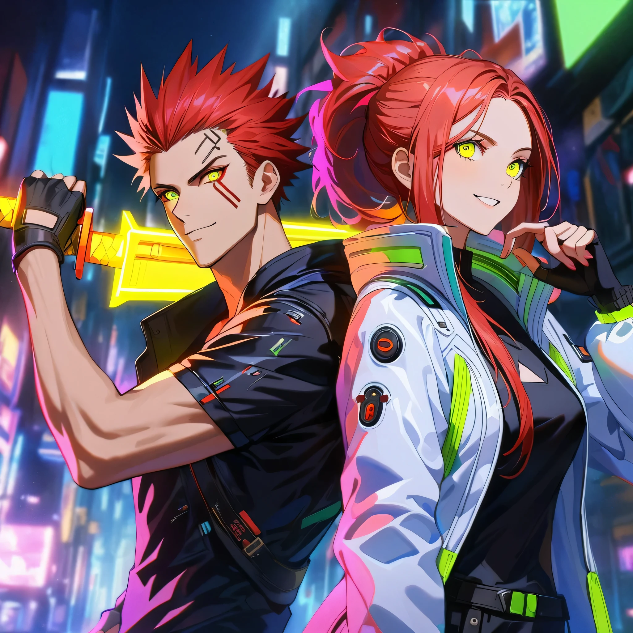 two persons, A man and a girl , man with short red hair spiky upwards with some long strands falling on the forehead and yellow neon eyes holding a perfect neon katana wearing a leather white jacket and black t shirt, stand and confident pose, confidente smile, cyberpunk, night, fingerless gloves , red hair, neon eyes, ultra detailed face, and his horgeous sister with perfect white long hair and green neon eyes,