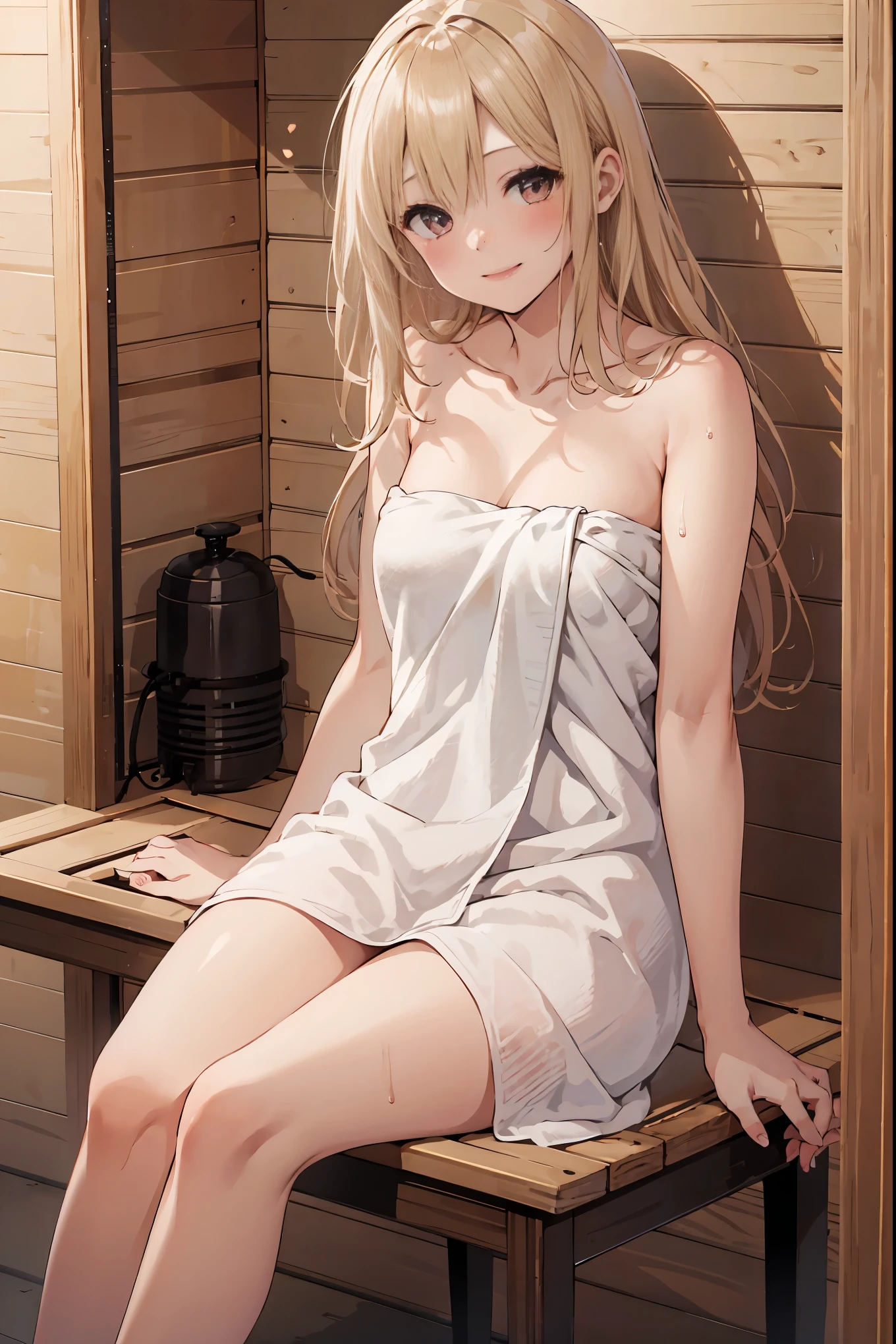 1 girl, BodyTowel, long blond hair, medium breasts, cleavage, hot, steaming, blush, sitting on chair, happy, smile, sauna,