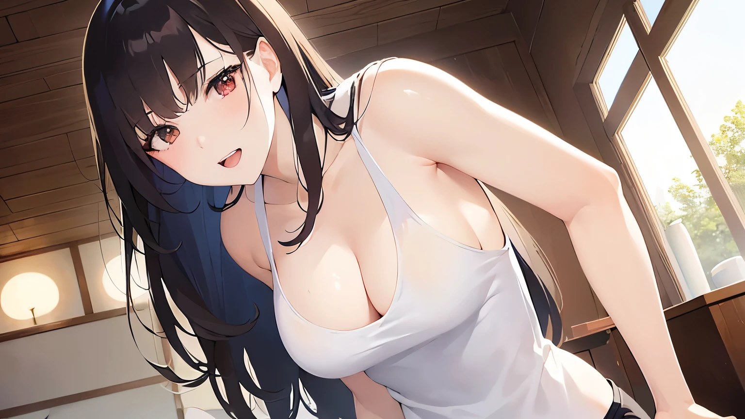 leaning forward, side angle, Cleavage、Upper Body, Realistic, real person, (pale skin: 1.2), RAW photo, photorealistic, shiny skin, shiny hair、(A 25-year-old woman with medium-length hair and bangs) and (wavy hair) and (brown hair) and (orange eyes) , Wearing a white tank top 、smile, open mouth, The background is the living room、Alone、Are standing
