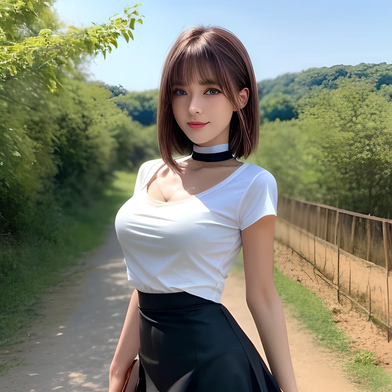 masterpiece, Front view, Cute Japanese aristocratic woman, (輝くBrown Hair, Straight Long Hair), ((Ivory tight T-shirt, mini skirt)), Very cute face, Glossy Lips, Double eyelids on both eyes, Natural Makeup, Brown Hair, Asymmetrical bangs, High resolution, Attention to detail, Detailed hairstyle, Detailed face, Octane Rendering, Ultra-realistic, Perfect limbs, ((Black choker)), blue eyes, (Big Breasts), ((Slim body:1.5)), Cool Beauty, ((Slim face)), smile, Mature Woman, Browsing Caution:-1.2, Long, Bushy Eyelashes, Cleavage, ((Rural outskirts)), Large luggage