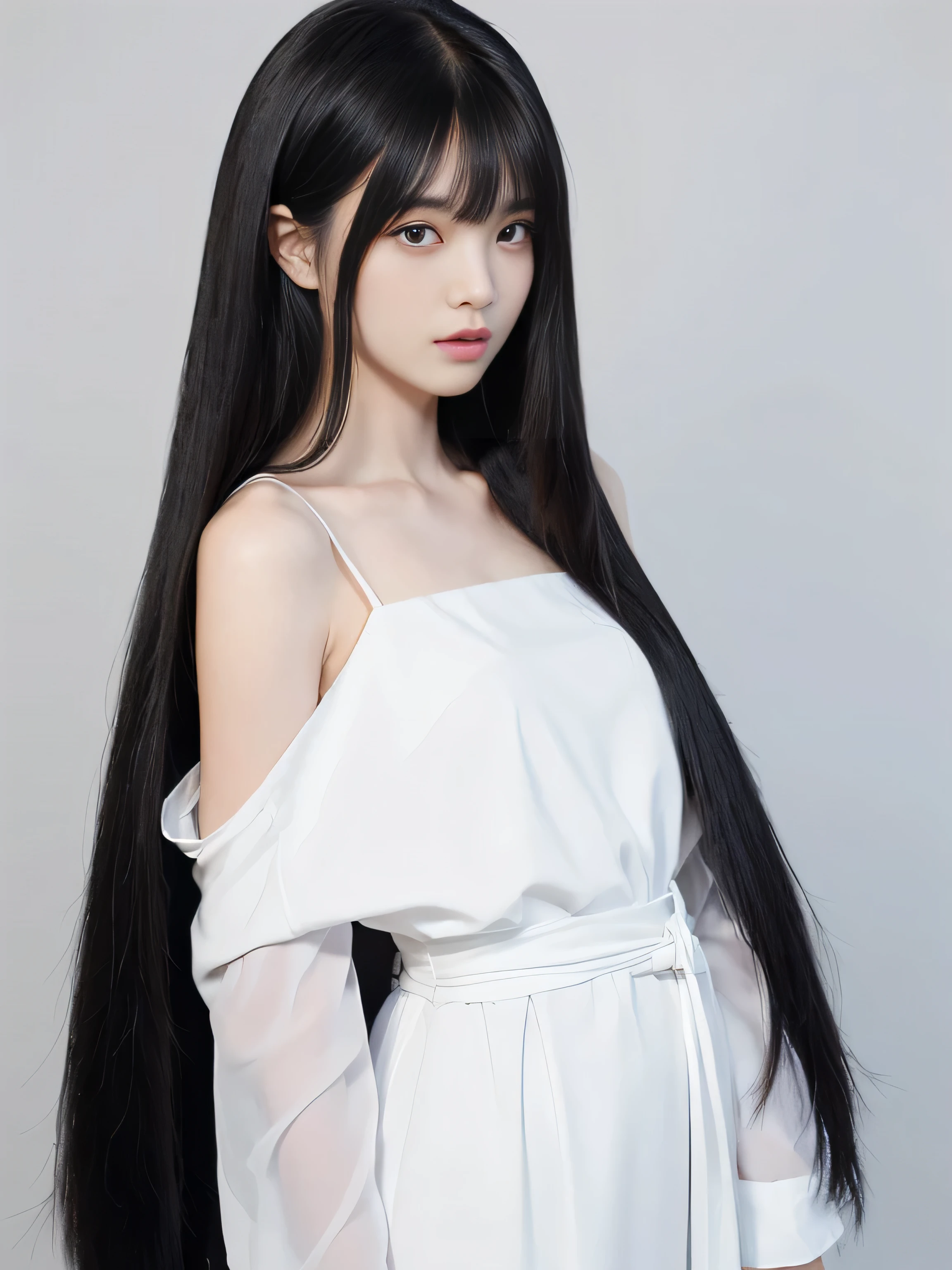((Random poses showing as much back and hair as possible:1.3))　((Beautiful 12-year-old junior high school girl with long black hair, girl with super length Hair, extremely length Hair, extra length Hair, very long, Flowing Hair, very length Hair, length Hair girl, very long, Flowing black hair, length Hair windy, Very long black hair, length, Flowing Hair, length and curly hair, with length Hair, length Hair!!!!　Stand in front of a mirror　Her highest quality hair is long and straight., very long, highest quality black hair, length hair in the center, Highest quality long straight hair, length, straight, beautiful, High quality hair, length and free black highest quality straight hair, length Hair, length and straight, highest quality black hair, Perfect silky straight hair of the highest quality, straight, highest quality black hair, length black straight hair, length, Thin black hair　Her hair is long and straight, very long black hair, length hair in the center, length straight hair, length, straight, beautiful hair of the highest quality, length Hair, length, straight black hair, length and free straight black hair, straight black hair))　(Her bangs are perfect.:1.3)　(Pure white wall background:1.8. Photo of upper body from waist up)　(Japan&#39;The cutest 12 year old hair model)　(She looks at the viewer with a very seductive expression....)　((highest quality)), ((masterpiece)), (Familiar)　(Get used to it)　Perfect Face　　(Her skin is a typical Japanese skin color.、And very detailed)　　(Big Breasts:1.3)　(She is wearing a light blue skirt and a white blouse....)　(She has a beautiful face and a slim figure..., Narrow eyes)　(She has perfect beautiful makeup and face　Lipstick is light red　A solid eyeliner)　((Rich 1.4))　(Extremely detailed 8K)　(Ultra-fine skin texture 1.4)　(Actual, Vibrant:1.4), double eyelid　Sharp focus:1.2、Beautiful woman:1.4　Dynamic Lighting　(Genuine RAW photos taken by professional photographers)　(Her long bangs、Well Organized)　(Turn your whole body to the viewer)　Professionally lit from the front　(She has a bright and cheerful face)　(Above the knee shot:1)