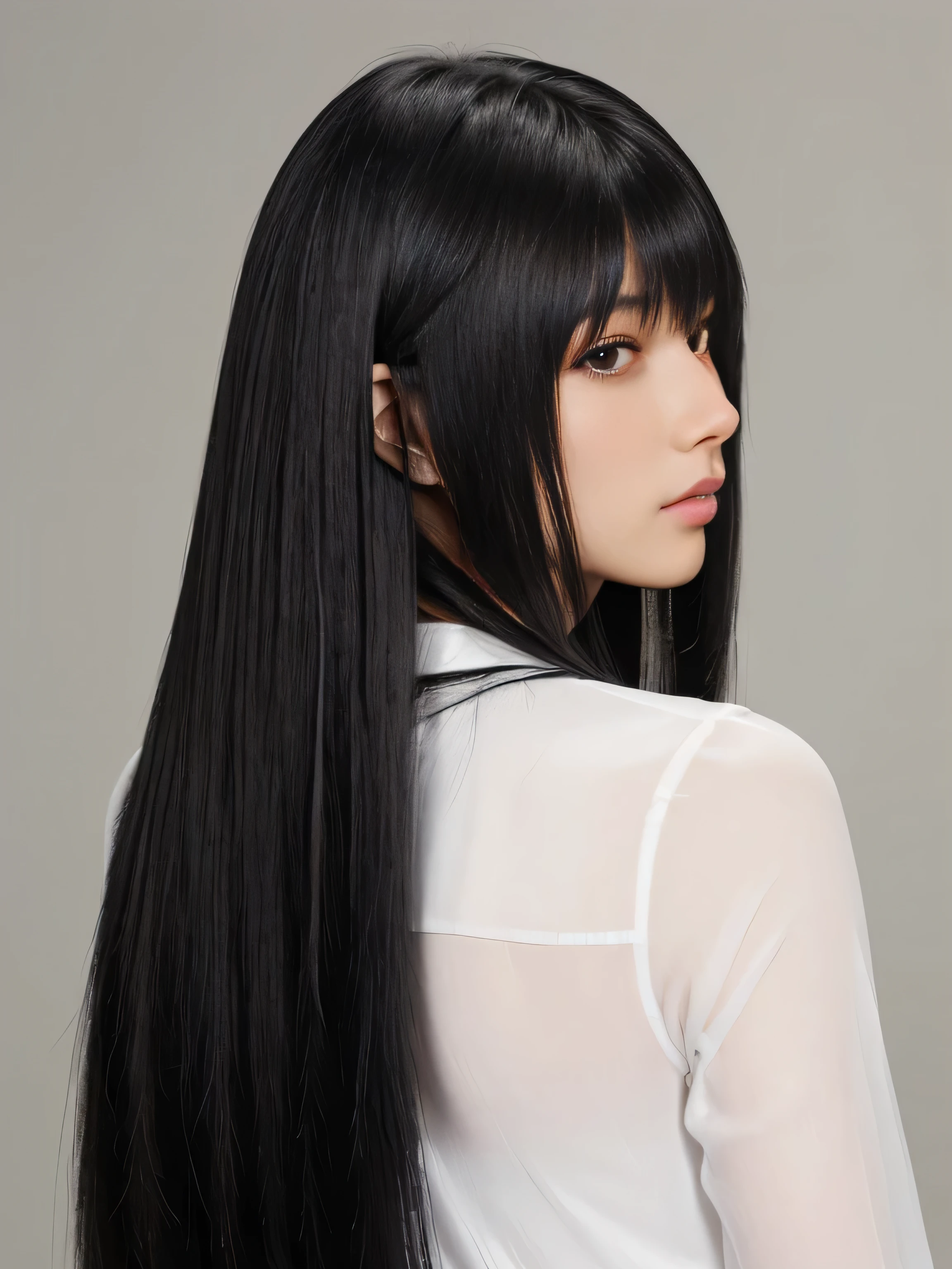 ((Random poses showing as much back and hair as possible:1.3)) ((Beautiful 30 year old sexy hair model with long black hair, girl with super length Hair, extremely length Hair, extra length Hair, very long, Flowing Hair, very length Hair, length Hair girl, very long, Flowing black hair, length Hair windy, Very long black hair, length, Flowing Hair, length and curly hair, with length Hair, length Hair!!!! Stand in front of a mirror Her highest quality hair is long and straight., very long, highest quality black hair, length hair in the center, Highest quality long straight hair, length, straight, beautiful, High quality hair, length and free black highest quality straight hair, length Hair, length and straight, highest quality black hair, Perfect silky straight hair of the highest quality, straight, highest quality black hair, length black straight hair, length, Thin black hair Her hair is long and straight, very long black hair, length hair in the center, length straight hair, length, straight, beautiful hair of the highest quality, length Hair, length, straight black hair, length and free straight black hair, straight black hair)) (Her bangs are perfect.:1.3) (Pure white wall background:1.8. Photo of upper body from waist up) (Japan'The most beautiful and sensual hair models of 30 years old) (She looks at the viewer with a very seductive expression....) ((highest quality)), ((masterpiece)), (Familiar) (Get used to it) Perfect Face (Her skin is a typical Japanese skin color.、And very detailed) (Big Breasts:1.3) (She is wearing a light blue skirt and a white blouse....) (She has a beautiful face and a slim figure..., Narrow eyes) (She has perfect beautiful makeup and face Lipstick is light red A solid eyeliner) ((Rich 1.4)) (Extremely detailed 8K) (Ultra-fine skin texture 1.4) (Actual, Vibrant:1.4), double eyelid Sharp focus:1.2、Beautiful woman:1.4 Dynamic Lighting (Genuine RAW photos taken by professional photographers) (Her long bangs、Well Organized) (Turn your whole body to the viewer) Professionally lit from the front (She has a bright and cheerful face) (Above the knee shot:1)