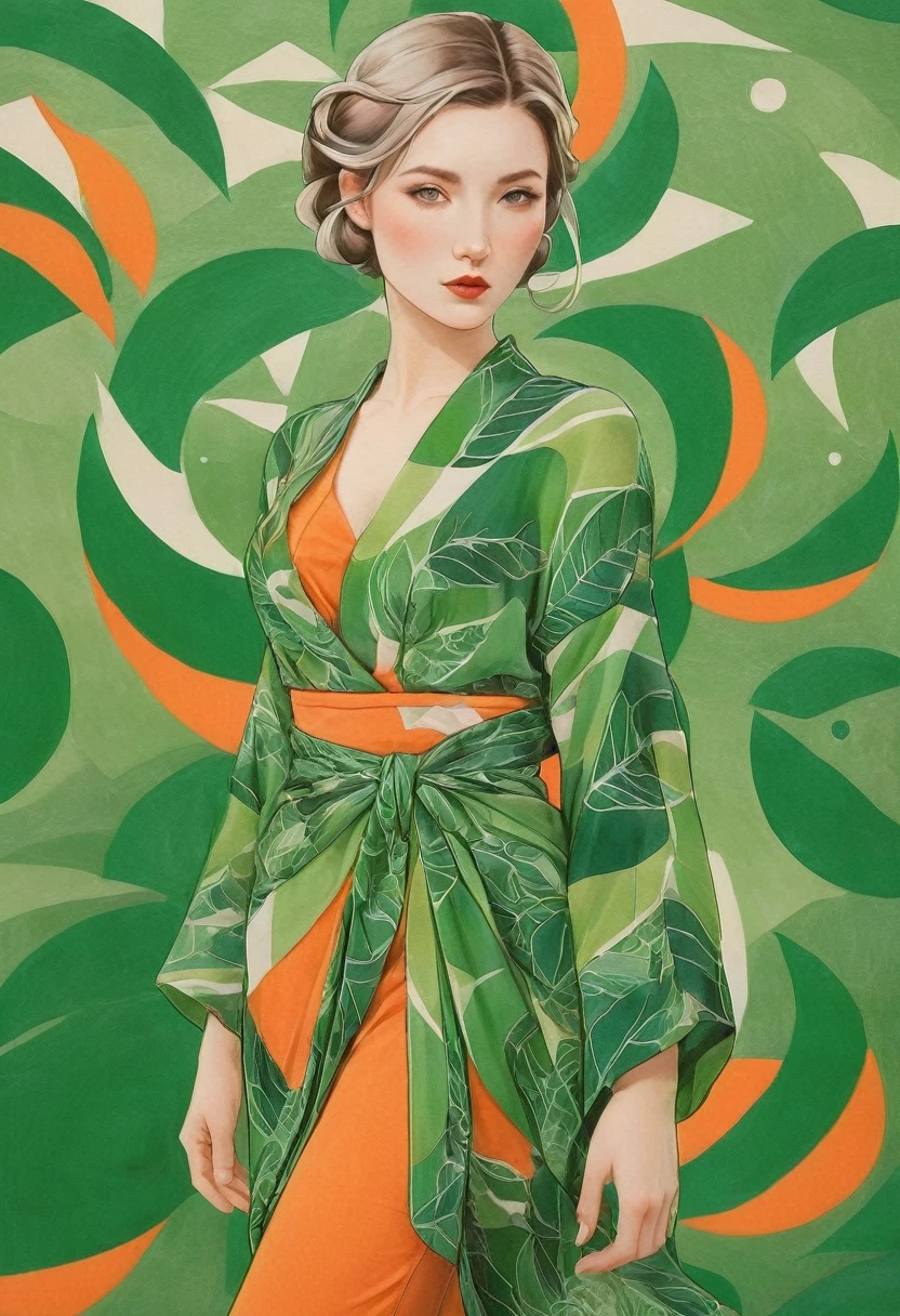Elf female, feminine look, sexy hair, green outfit, leaves around body, swirling air movement, wide angle, full body view, loose fabric, geometric shapes, small breasts, sherbet pattern kimono, persimmon, up-do hair, Bauhaus, geometric shapes