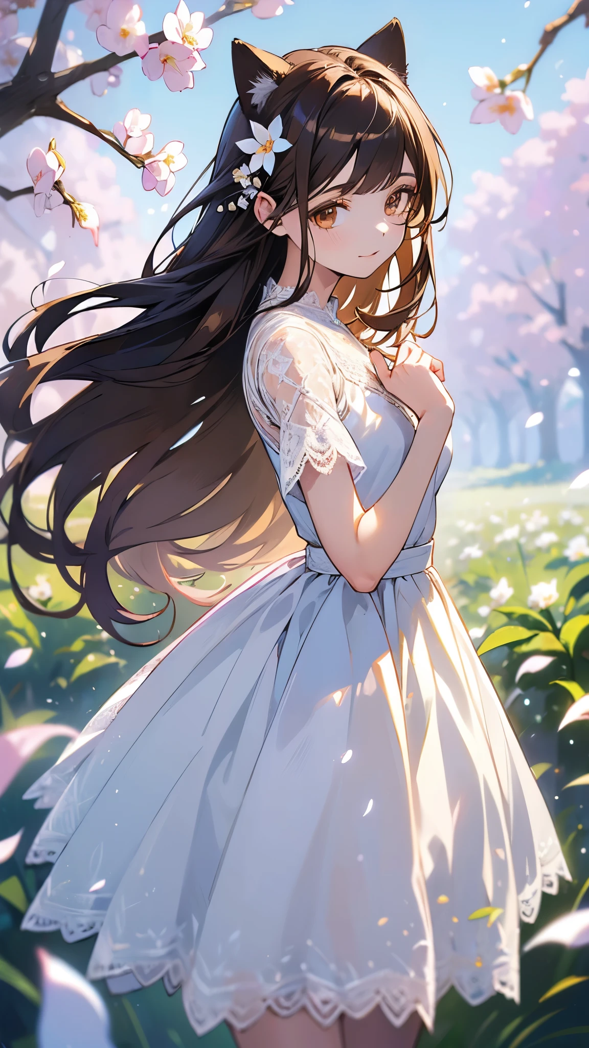 (highest quality, 4k, High resolution, masterpiece:1.2), Super detailed, (anime style, photorealistic:1.37), cinematic light, Bright colors and mesmerizing effects, Soft and delicate lighting, gentle shine, Beautiful and gentle atmosphere throughout the scene, (1girl:1.5), joven, (Cara finamente detallada:1.4, Ropa detallada), (Detallado:1.4) named (Eimi Fukada:1.1) BREAK Cara hermosa, Profundidad de campo, Agregar capa, 27 years old, Modelo de cuerpo perfecto, senos perfectos, 175cm de altura, pose sexy, full body, cuerpo completo, Tipo de cuerpo del modelo, BREAK (white lace dress:1.5), (Cabello largo:1.2), (brunette:1.5), dark brown hair, doble parpado, (brown eyes:1.5) BREAK (cowboy shot:1.5), shiny skin, perfect fingers, five fingers, anatomically correct, background bokeh, park, fake cat ears, looking at the viewer, (flowers, many small white petals:1.3), garden, blue sky