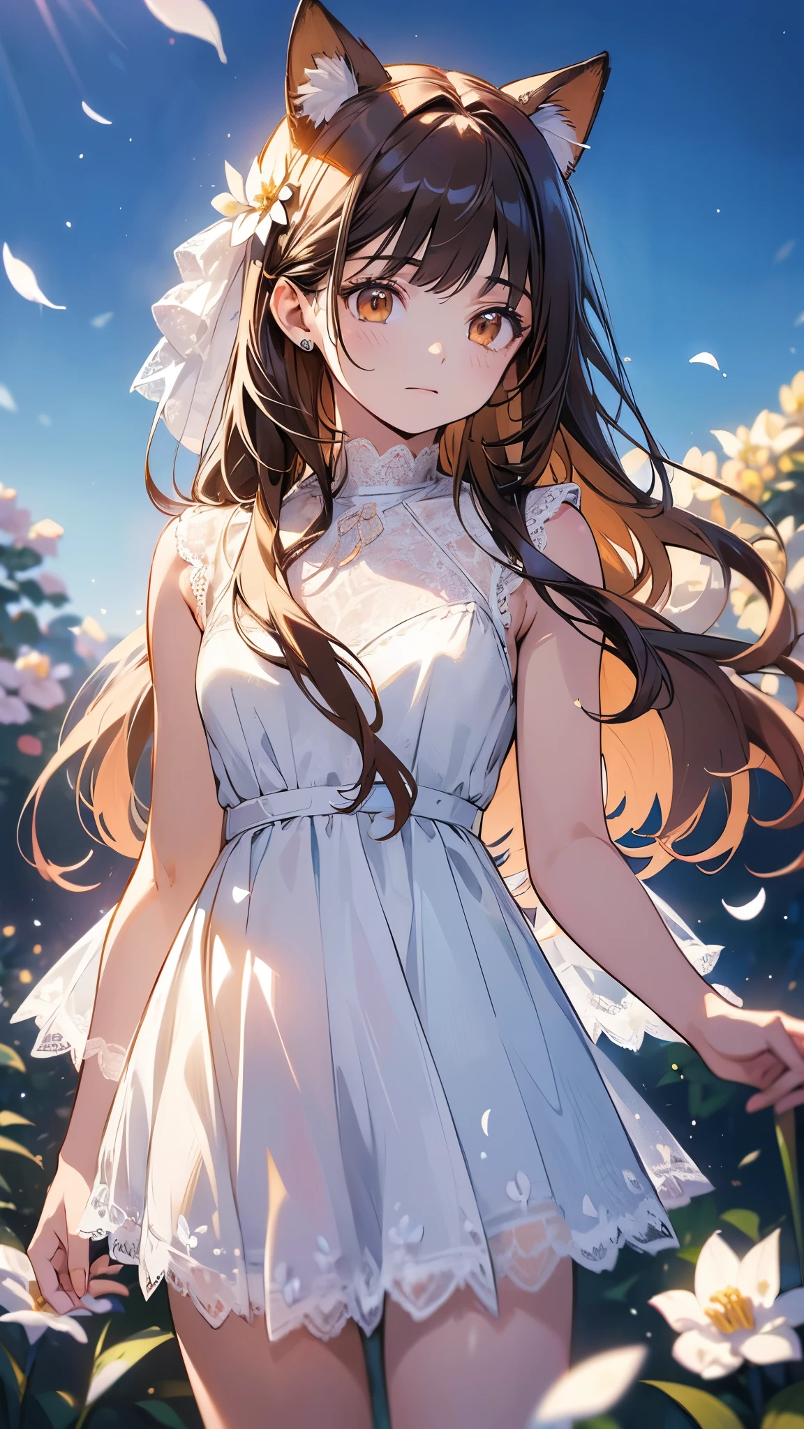 (highest quality, 4k, High resolution, masterpiece:1.2), Super detailed, (anime style, photorealistic:1.37), cinematic light, Bright colors and mesmerizing effects, Soft and delicate lighting, gentle shine, Beautiful and gentle atmosphere throughout the scene, (1girl:1.5), joven, (Cara finamente detallada:1.4, Ropa detallada), (Detallado:1.4) named (Eimi Fukada:1.1) BREAK Cara hermosa, Profundidad de campo, Agregar capa, 27 years old, Modelo de cuerpo perfecto, senos perfectos, 175cm de altura, pose sexy, full body, cuerpo completo, Tipo de cuerpo del modelo, BREAK (white lace dress:1.5), (Cabello largo:1.2), (brunette:1.5), dark brown hair, doble parpado, (brown eyes:1.5) BREAK (cowboy shot:1.5), shiny skin, perfect fingers, five fingers, anatomically correct, background bokeh, park, fake cat ears, looking at the viewer, (flowers, many small white petals:1.3), garden, blue sky