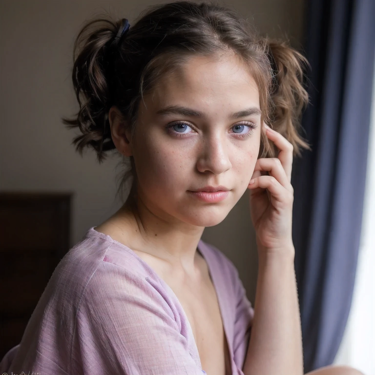 photo of a college student,9 years old, in Purple Pink, Linen coarse cloth, (freckles:0.8) Blush,cute face, sci-fi, dystopian, detailed eyes, cobalt blue eyes((Side view))Shy