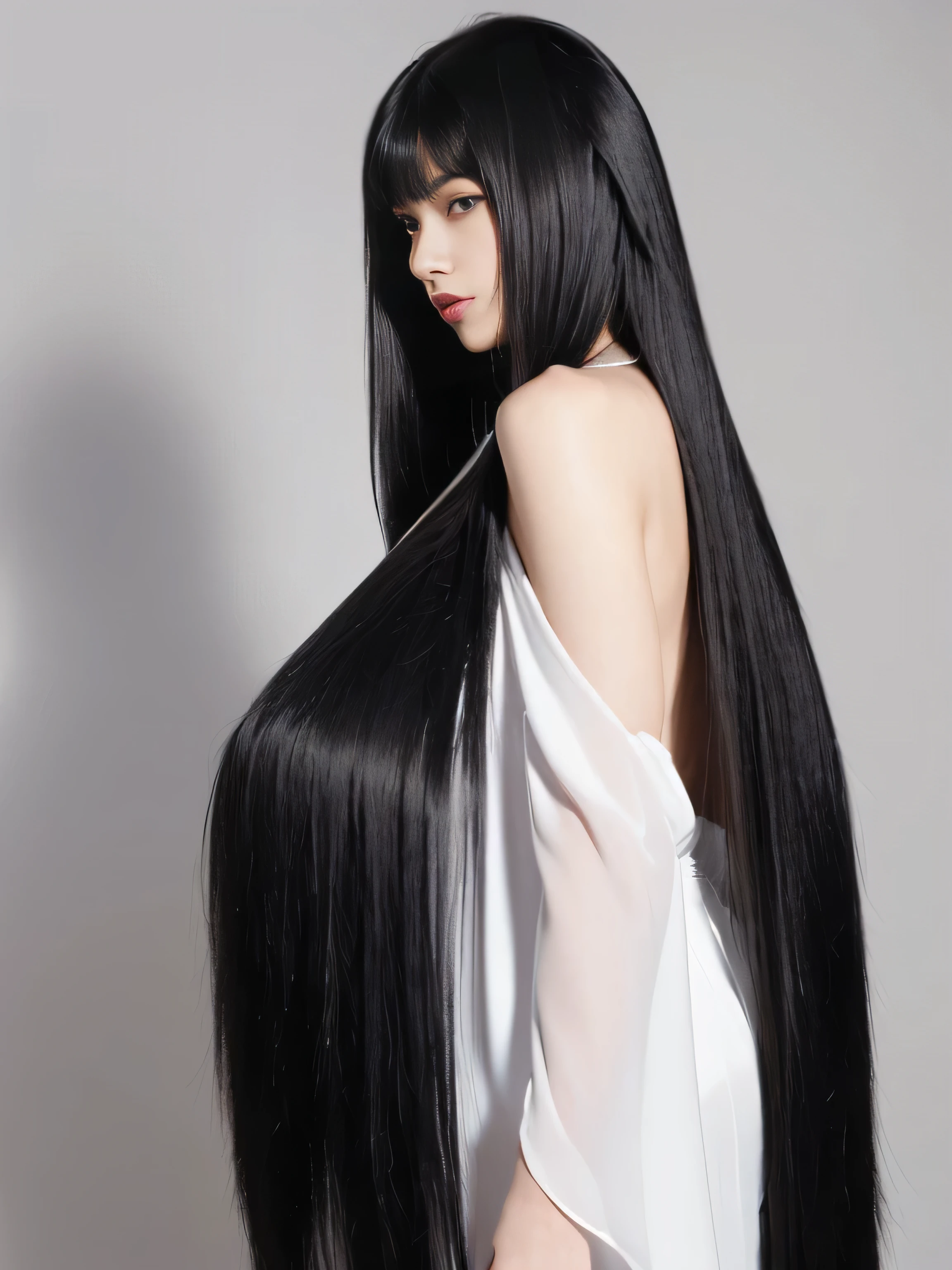 ((Random poses showing as much back and hair as possible:1.3)) ((Beautiful 30 year old sexy hair model with long black hair, girl with super length Hair, extremely length Hair, extra length Hair, very long, Flowing Hair, very length Hair, length Hair girl, very long, Flowing black hair, length Hair windy, Very long black hair, length, Flowing Hair, length and curly hair, with length Hair, length Hair!!!! Stand in front of a mirror Her highest quality hair is long and straight., very long, highest quality black hair, length hair in the center, Highest quality long straight hair, length, straight, beautiful, High quality hair, length and free black highest quality straight hair, length Hair, length and straight, highest quality black hair, Perfect silky straight hair of the highest quality, straight, highest quality black hair, length black straight hair, length, Thin black hair Her hair is long and straight, very long black hair, length hair in the center, length straight hair, length, straight, beautiful hair of the highest quality, length Hair, length, straight black hair, length and free straight black hair, straight black hair)) (Her bangs are perfect.:1.3) (Pure white wall background:1.8. Photo of upper body from waist up) (Japan'The most beautiful and sensual hair models of 30 years old) (She looks at the viewer with a very seductive expression....) ((highest quality)), ((masterpiece)), (Familiar) (Get used to it) Perfect Face (Her skin is a typical Japanese skin color.、And very detailed) (Big Breasts:1.3) (She is wearing a light blue skirt and a white blouse....) (She has a beautiful face and a slim figure..., Narrow eyes) (She has perfect beautiful makeup and face Lipstick is light red A solid eyeliner) ((Rich 1.4)) (Extremely detailed 8K) (Ultra-fine skin texture 1.4) (Actual, Vibrant:1.4), double eyelid Sharp focus:1.2、Beautiful woman:1.4 Dynamic Lighting (Genuine RAW photos taken by professional photographers) (Her long bangs、Well Organized) (Turn your whole body to the viewer) Professionally lit from the front (She has a bright and cheerful face) (Above the knee shot:1)