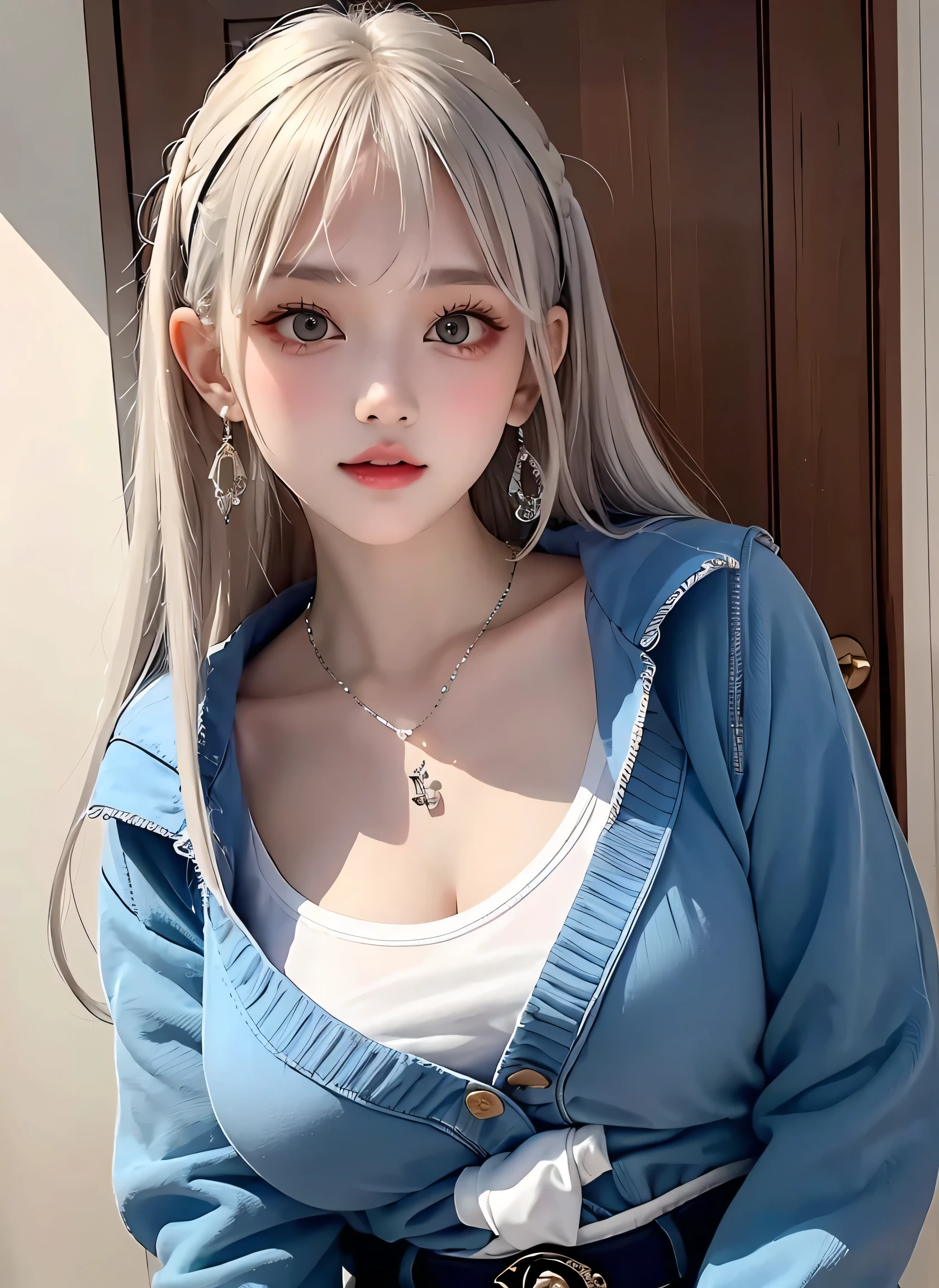 high quality, Lots of details, A girl with silver hair and twin tails poses cutely. They are wearing vintage sexy clothes., Putting on a bracelet, Earrings and Necklaces. I can see big things, Cleavage, Shining Breasts, Sweat drips from her cleavage, Sexy vibe.