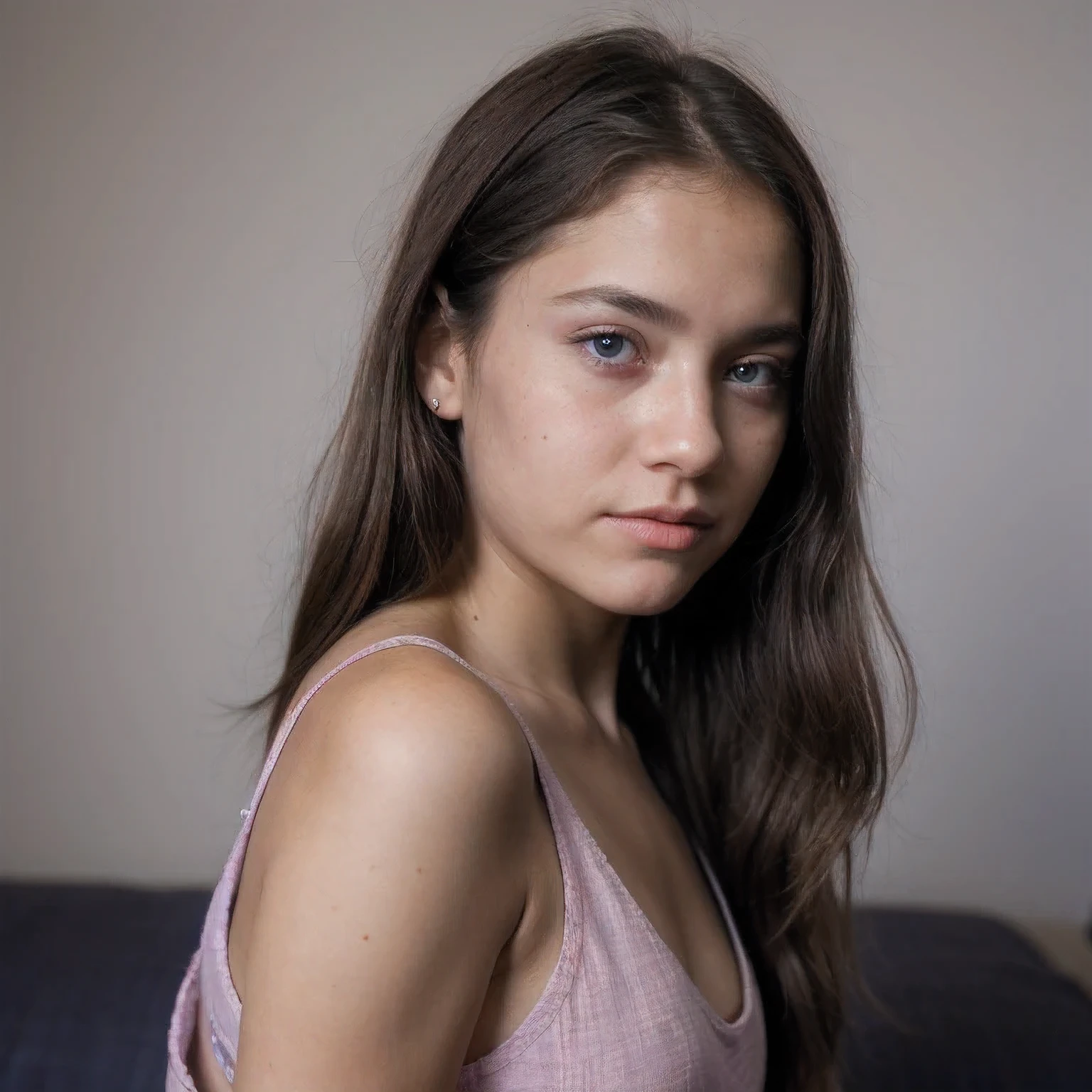 photo of a Columbia student，9 years old, in Purple Pink, Linen coarse cloth, (freckles:0.8) Blush，cute face, sci-fi, dystopian, detailed eyes, cobalt blue eyes（（Side view））Shy