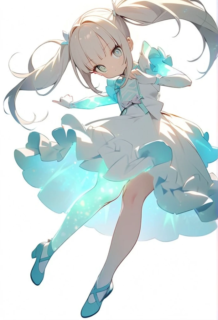 (White Background:1.5)One cute girl、Full body low angle shot、Beautiful big eyes、Long eyelashes、Twin tails、Straight bangs、Wonderland、Glowing Skin、slouch、Cute pose、Side Shot