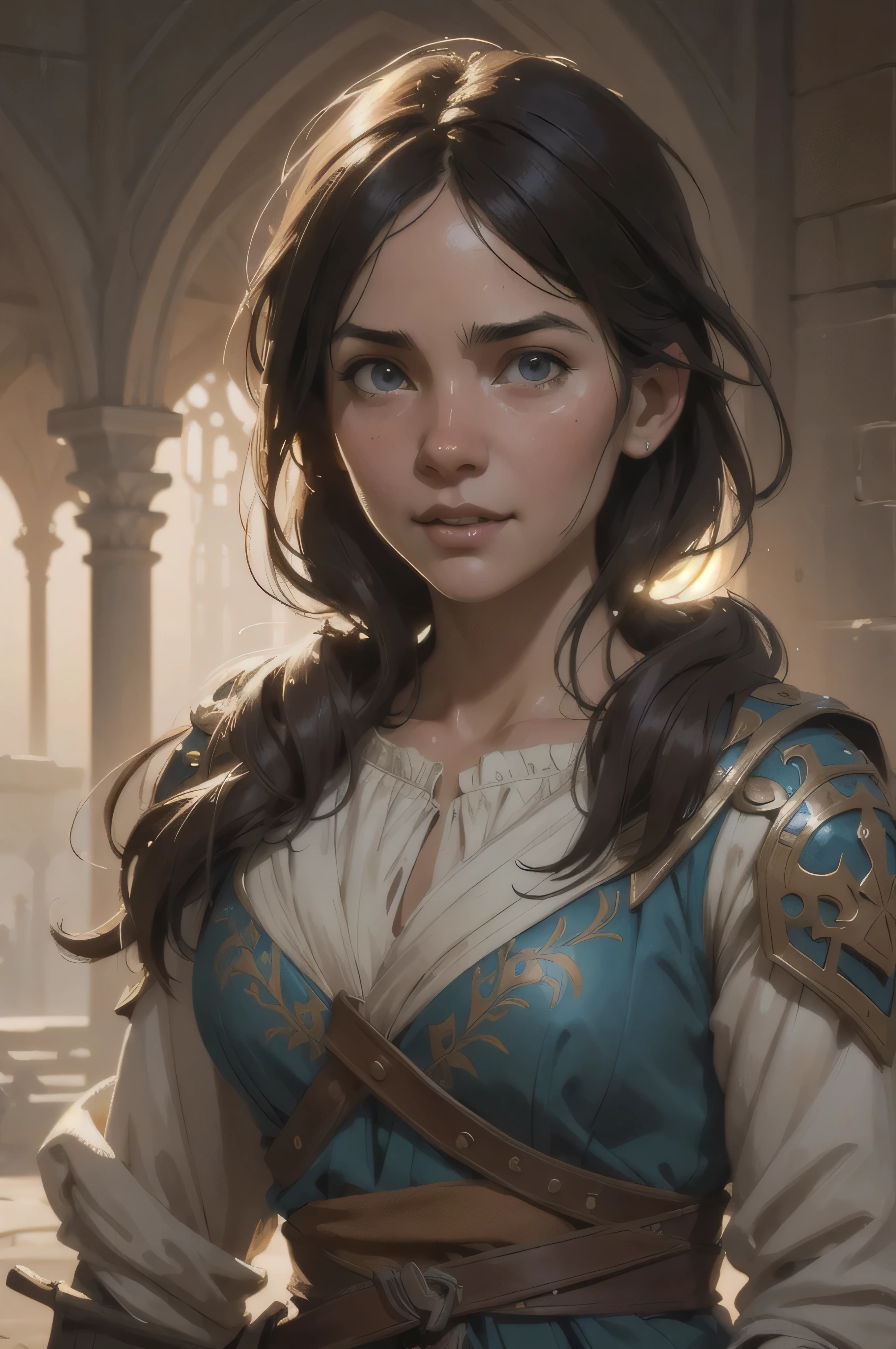 medieval girl, joyful, hope, close-up portrait, intricate, elegant, volumetric lighting, scenery, digital painting, highly detailed, artstation, sharp focus, illustration, concept art, ruan jia, steve mccurry