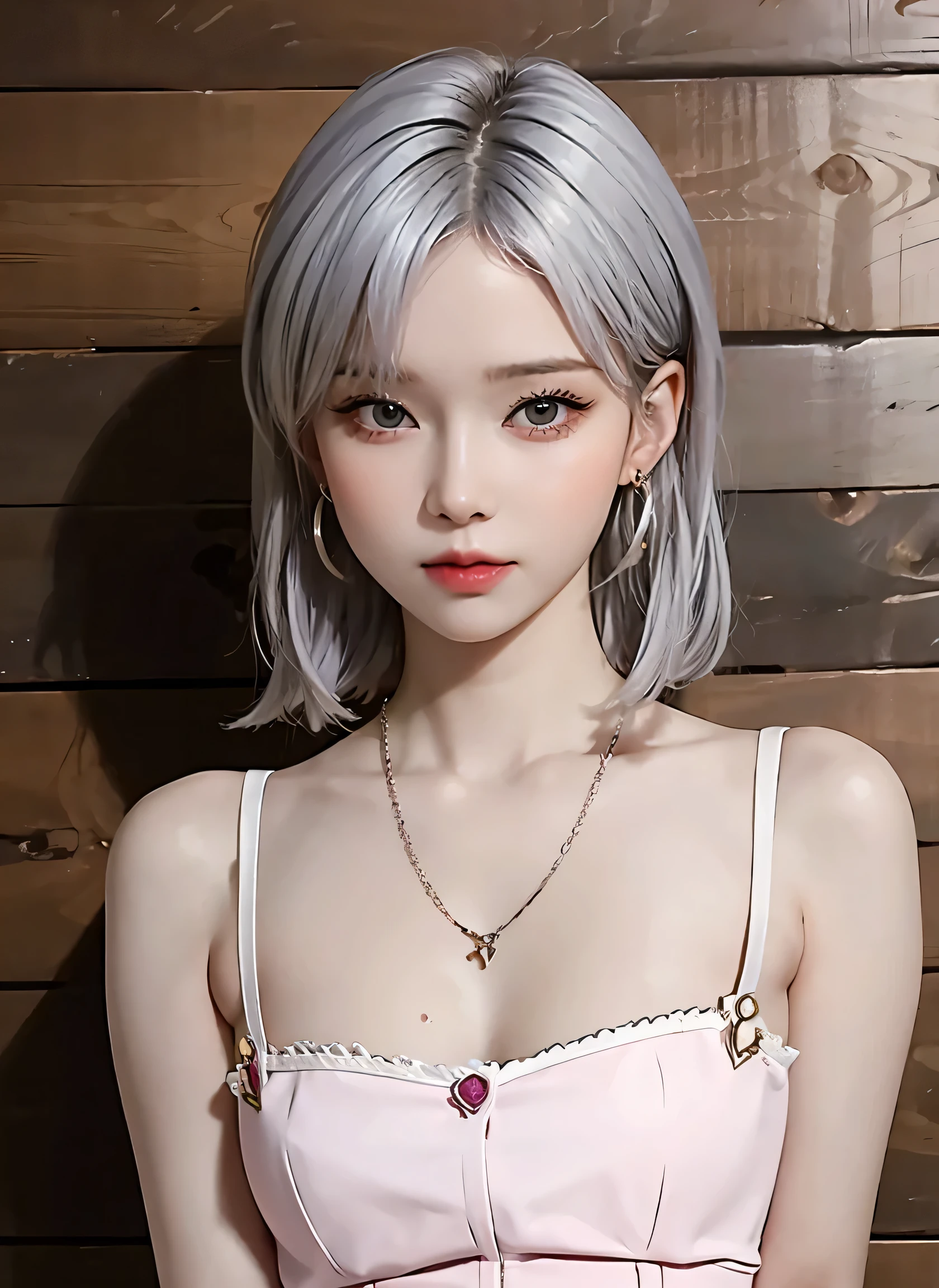 high quality, Lots of details, A girl with silver hair and twin tails poses cutely. They are wearing vintage sexy clothes., Putting on a bracelet, Earrings and Necklaces. I can see big things, Cleavage, Shining Breasts, Sweat drips from her cleavage, Sexy vibe.