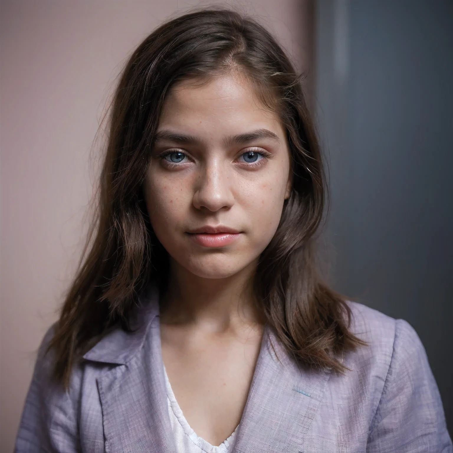 photo of a Columbia student，9 years old, in Purple Pink, Linen coarse cloth, (freckles:0.8) Blush，cute face, sci-fi, dystopian, detailed eyes, cobalt blue eyes（（Side view））Shy