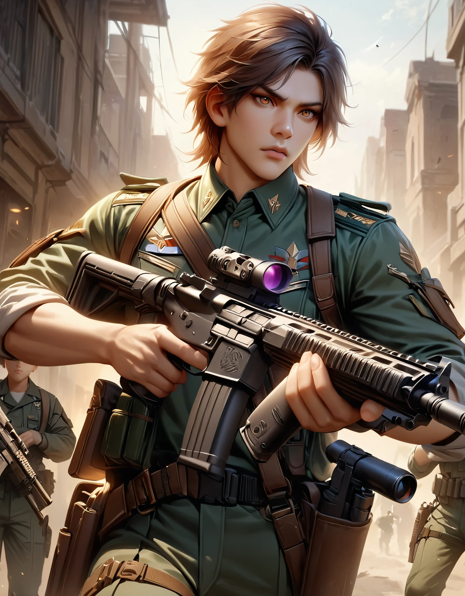 masterpiece, best quality, hyper-detailed, ultra-detailed, 1boy, college-age man, assault rifle, brown eyes, brown hair, medium hair, short hair, perfect hands, gun, holding gun, holding weapon, holster, holstered weapon, male focus, military, military uniform, pistol holster, pistol in holster, realistic, rifle, scope, sleeves rolled up, solo, solo focus, trigger discipline, light green uniform, weapon