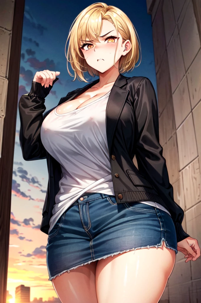 masterpiece, best quality, sunset, cowboy shot, view from below, 1girl, delinquent girl, tough appearance, sharp eyes, golden eyes, short hairstyle, dirty blonde hair color, rough face, big breasts, black casual jacket, , alley, curvy body, mature face,
((looking disgusted)), looking at viewer, golden eyes,
in the classroom,