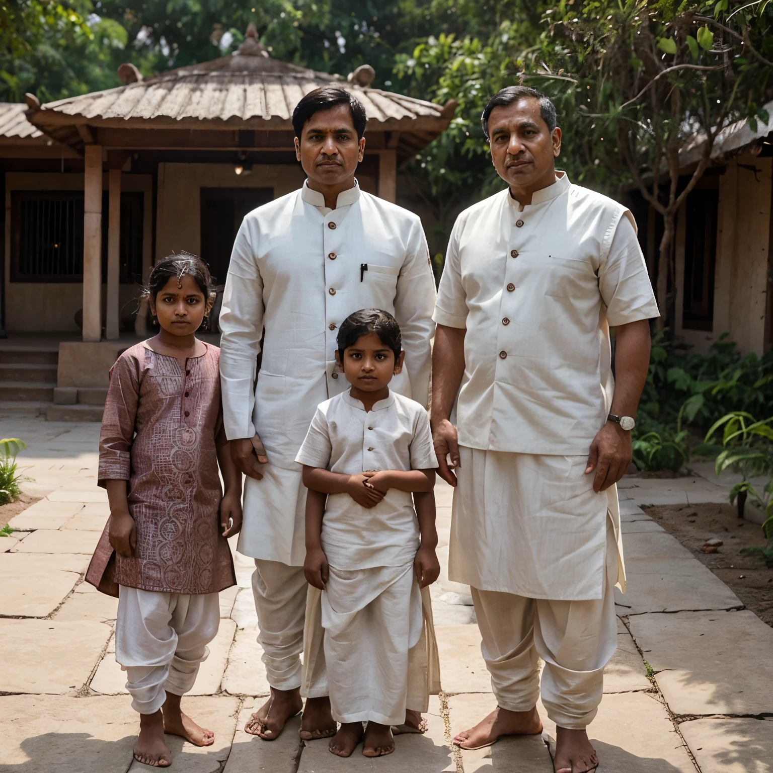 generate a north Indian brahmin family photo of 3 people belonging from Uttar Pradesh, 80 kgs weight each, 160 cms height each, daughter aged 60 in maroon banarasi saari, father aged 80 and son aged 50 in white dhoti and grey safari suit, sitting in varanda