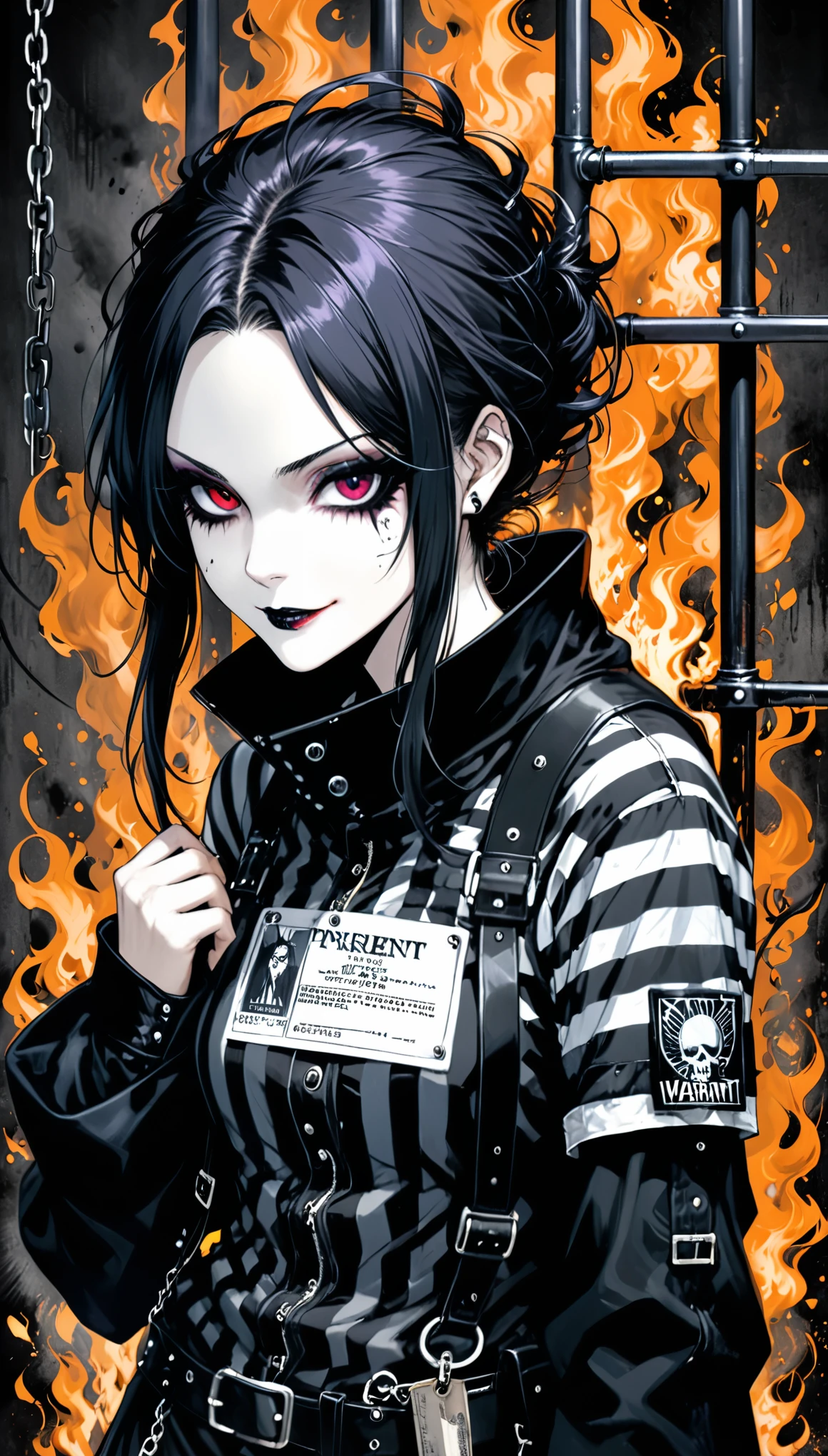 ((in style burn accumulates matumoto)),(in style of Ashley Wood:0.8),(in style of Harry Clarke:0.5)(arrest warrant image design:1.5),half body,(prisoner costumes:1.2),(goth-punk style:1.4),famous characters,detail eyes,detail iris,(evil smile:1.2),detail on both hands,magical background,dynamic action,