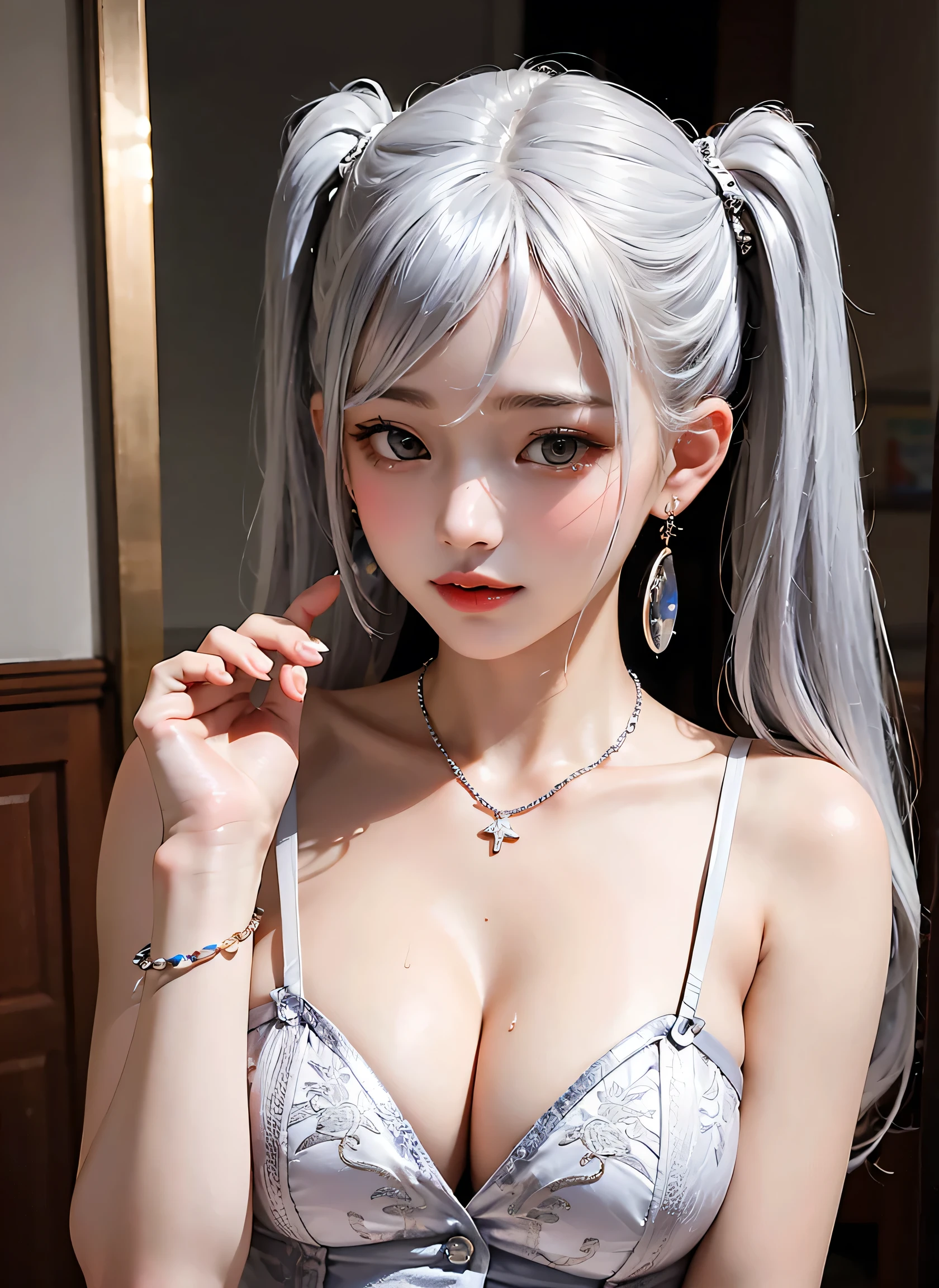high quality, Lots of details, A girl with silver hair and twin tails poses cutely. They are wearing vintage sexy clothes., Putting on a bracelet, Earrings and Necklaces. I can see big things, Cleavage, Shining Breasts, Sweat drips from her cleavage, Sexy vibe.