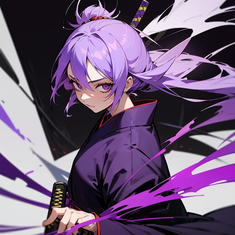 Crie uma personagem estilo Bleach, com kimono preto e roxo e uma borboleta no seu kimono, black and purple katana and some purple portals behind her