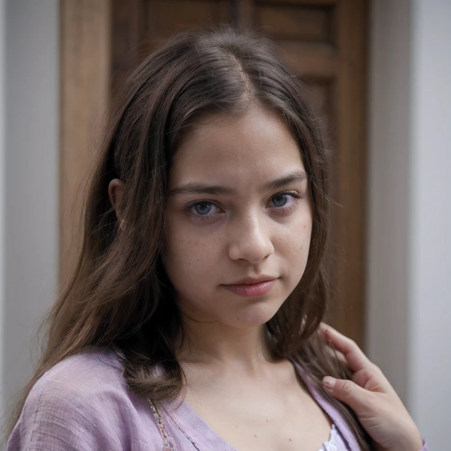 photo of a Columbia student,, in Purple Pink, Linen coarse cloth, (freckles:0.8) Blush,cute face, sci-fi, dystopian, detailed eyes, cobalt blue eyes((Side view))Shy