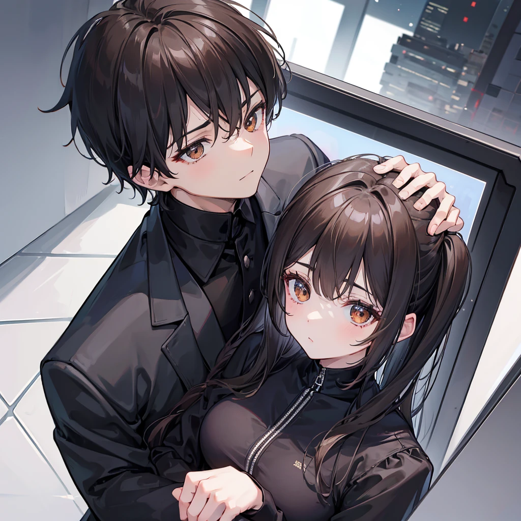 1boy 1girl cuddeling each other, brown eyes, wearing all black suit together, close up, city, absurdres, high res, ultrasharp, 8K, masterpiece, looking at eacht other