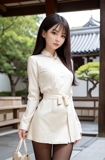 a lot of details, (slender waist), 30 years old, detailed black hair, beautiful detailed hair, super fucking beautiful, complex details beautiful and delicate eyes, perfect hands, (small breasts best quality), perfect and delicate limbs, detailed skin, best quality, ultra-detailed,
Kyoto Style, whole body, Girls' Front, Depth of field bloom, walking motion, grace, floating long hair, seductive smile, office lady,(cream skirt), long sleeves, pantyhose, (Black markings print cloth), (white silk Clothes), high heels, Japanese architecture, Japanese courtyard, sparkle,