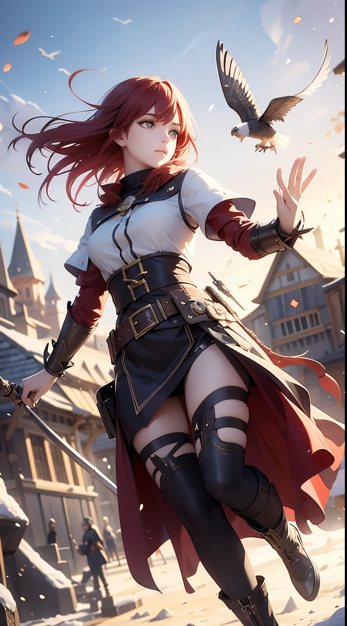 [[[ ultra-detailed, best quality, soft skin, beautiful, 4K]]], medium hair, red hair, red eyes, falcon, falconer, adventurer clothes, dynamic angle, village background.