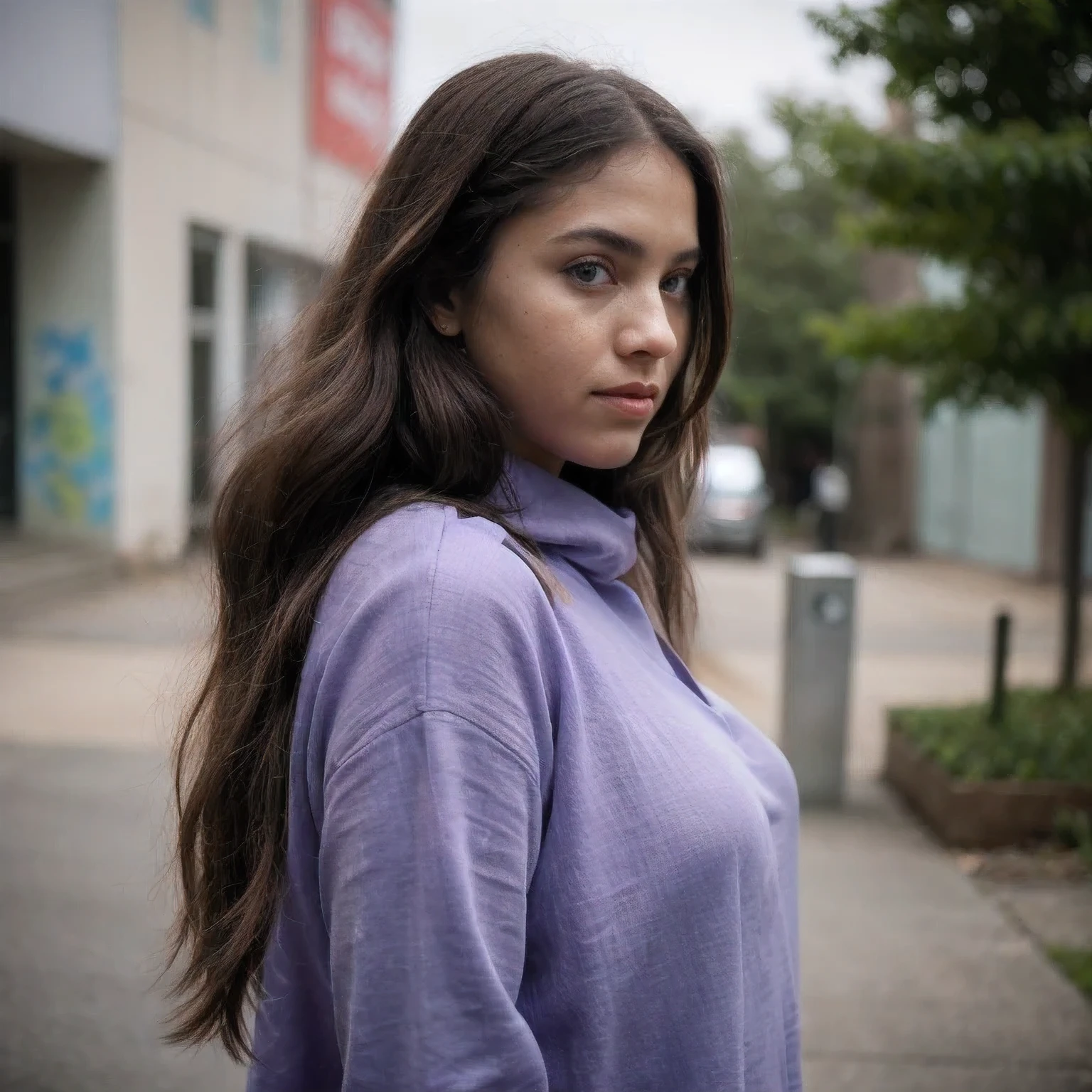 photo of a Columbia student，9 , in Purple Pink, Linen coarse cloth, (freckles:0.8) Blush，cute face, sci-fi, dystopian, detailed eyes, cobalt blue eyes（（Side view））Shy,best quality，masterpiece，Telephoto，Tilt-Shift，Movie Light，Doomsday Feelings，Award-winning works，Plush fabric，Blind Box Figures，8K,Pixel Core Lightning Maya Port 1:90,equidistant，3D,Three-dimensional，Cyberpunk distant background，Vortex lamination 3600 years，Greenery，Graffiti wall