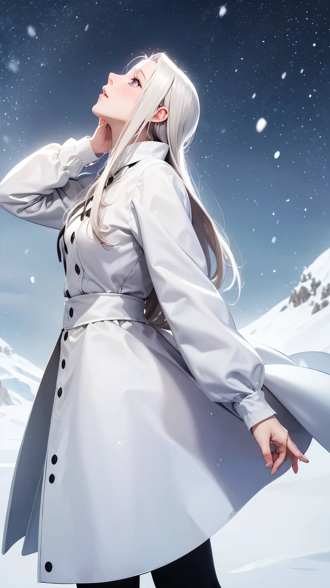 Masterpieces, best quality, high details, (irisviel von einzbern), cattle background, winter, It's snowing, she stand alone and look up at the sky,