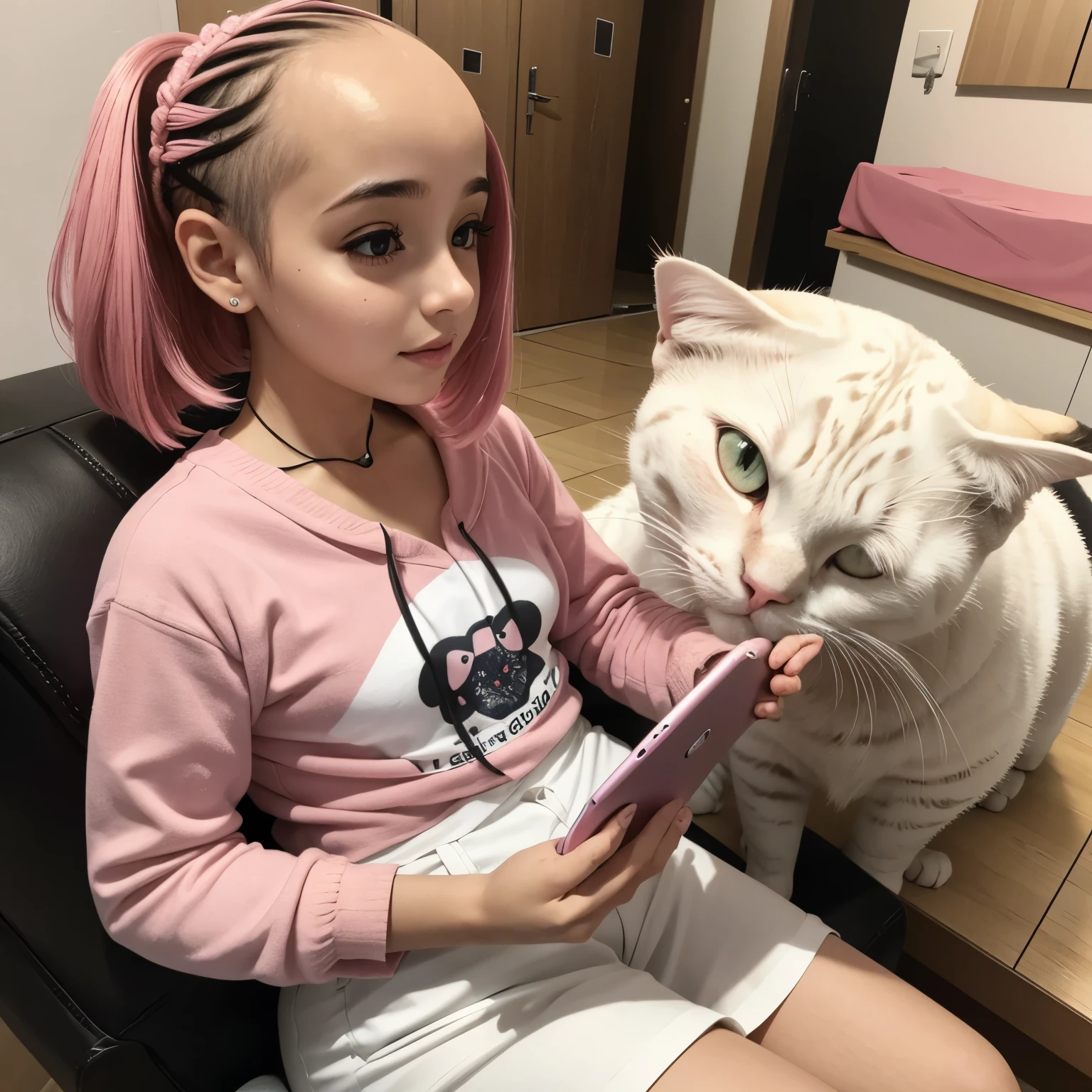 Mulher,pelada,peituda,usando fone de gatinho rosa,bunduda,peituda