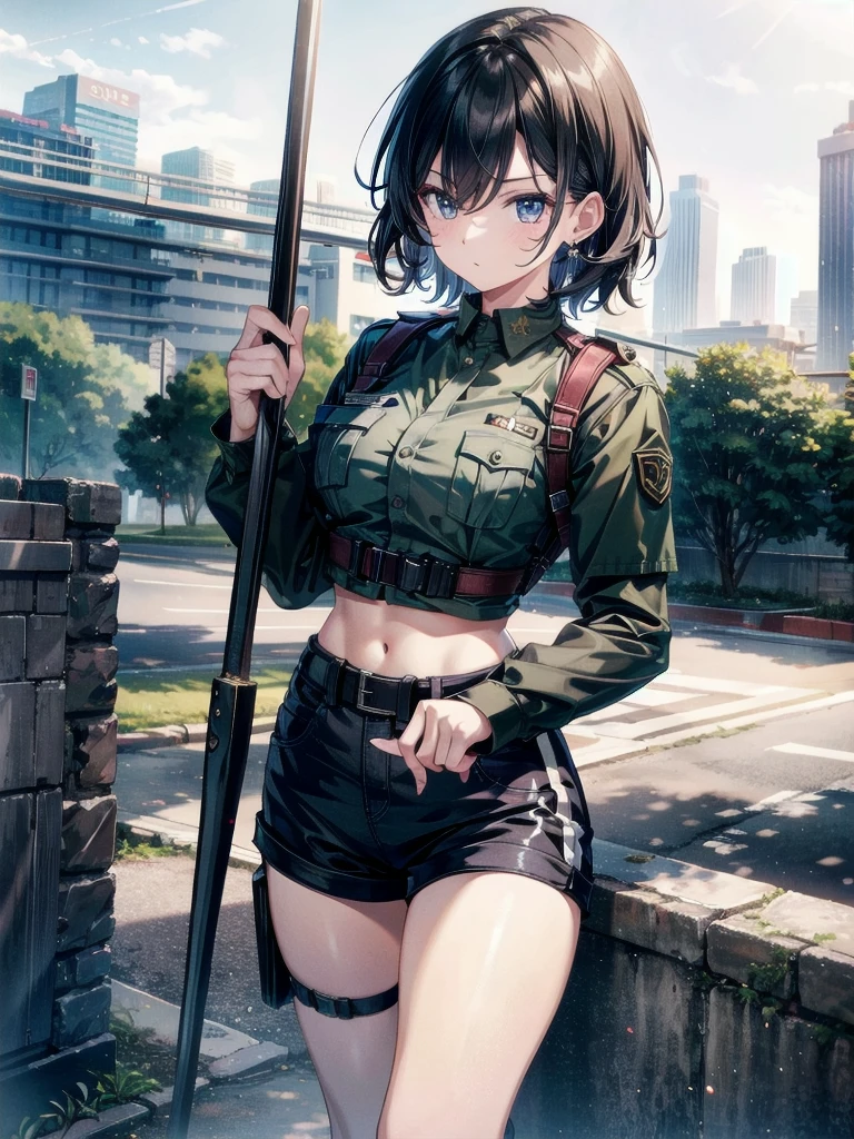 whole body, long sword, Black military uniform, Ladies' military vests, absurdres, RAW photo, extremely delicate and beautiful, masterpiece, Best Quality, ultra high resolution, 32k, hyperrealistic, ultra-detailed, tearful mole, earring, short medium hair, wavy hair, urban backdrop, shorts, midriff,
