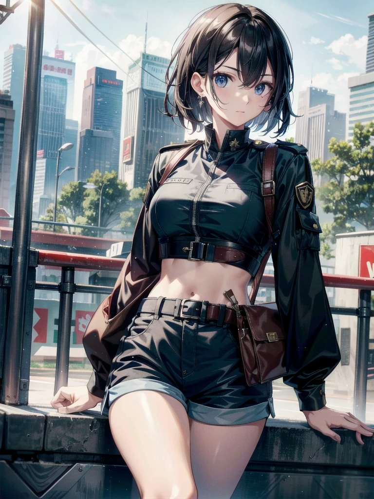 whole body, long sword, Black military uniform, Ladies' military vests, absurdres, RAW photo, extremely delicate and beautiful, masterpiece, Best Quality, ultra high resolution, 32k, hyperrealistic, ultra-detailed, tearful mole, earring, short medium hair, wavy hair, urban backdrop, shorts, midriff,