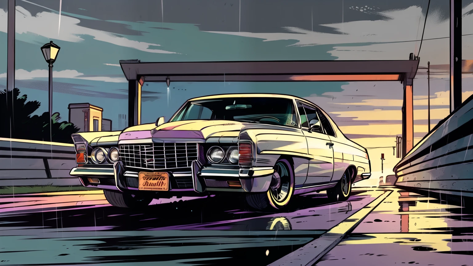 Dark beige1966 cadillac deville, slammed to yhe ground, pop art,  cartoonish style , sketch, detailed illustration, large wheels, wide bodykit ((([Dark grey background]))), under a bridge, green colour, night time, rainy weather