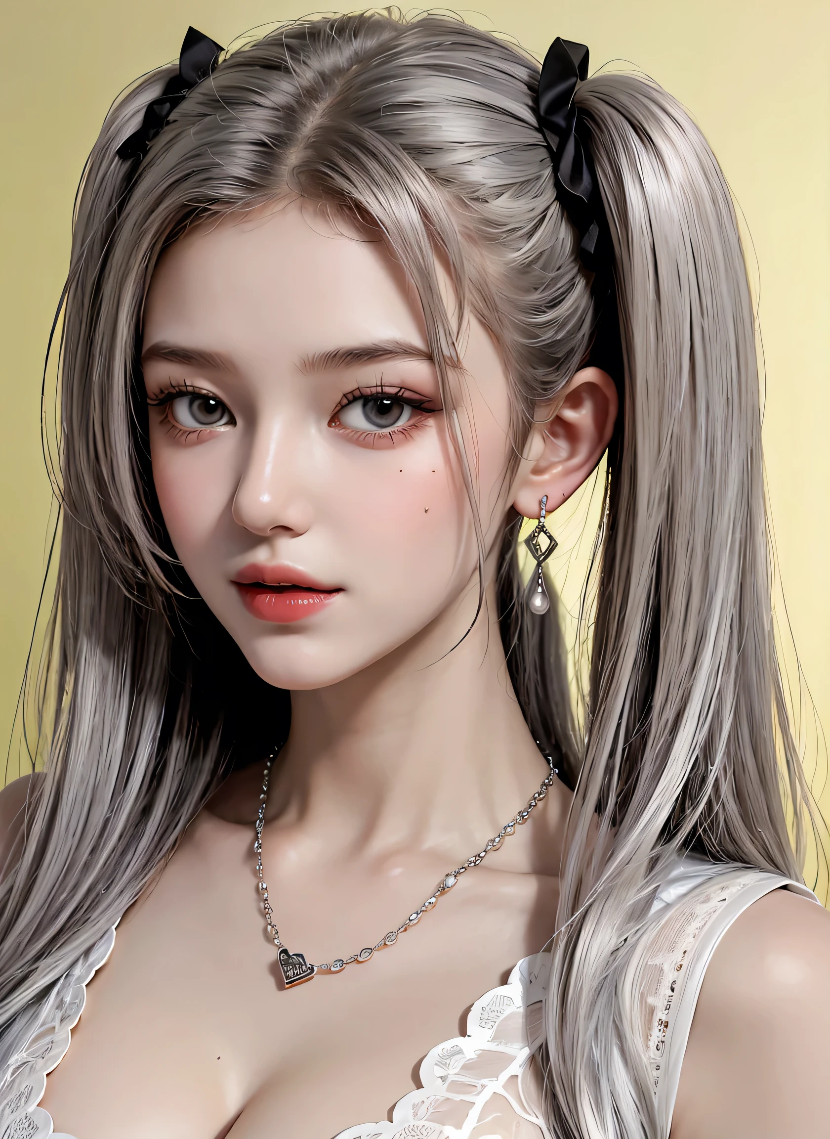 high quality, Lots of details, A girl with silver hair and twin tails poses cutely. They are wearing vintage sexy clothes., Putting on a bracelet, Earrings and Necklaces. I can see big things, Cleavage, Shining Breasts, Sweat drips from her cleavage, Sexy vibe.