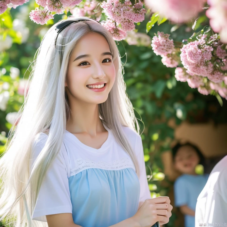 Walking through a tunnel of flowers, Colorful flower tunnel Windy weather, White Wolf、 ((highest quality、masterpiece、8k、Best image quality、Ultra-high resolution、Award-winning works)、(Accurate anatomy:1.1)、(Look at me and smile:1.1)、Shining fair skin with Ultra-high resolution、The most detailed face、Ultra-high resolution detailed face、Short, flowing white hair 、Beautiful face drawn in every detail,T-shirt and shorts, Modest chest , A real wolf next to a girl
