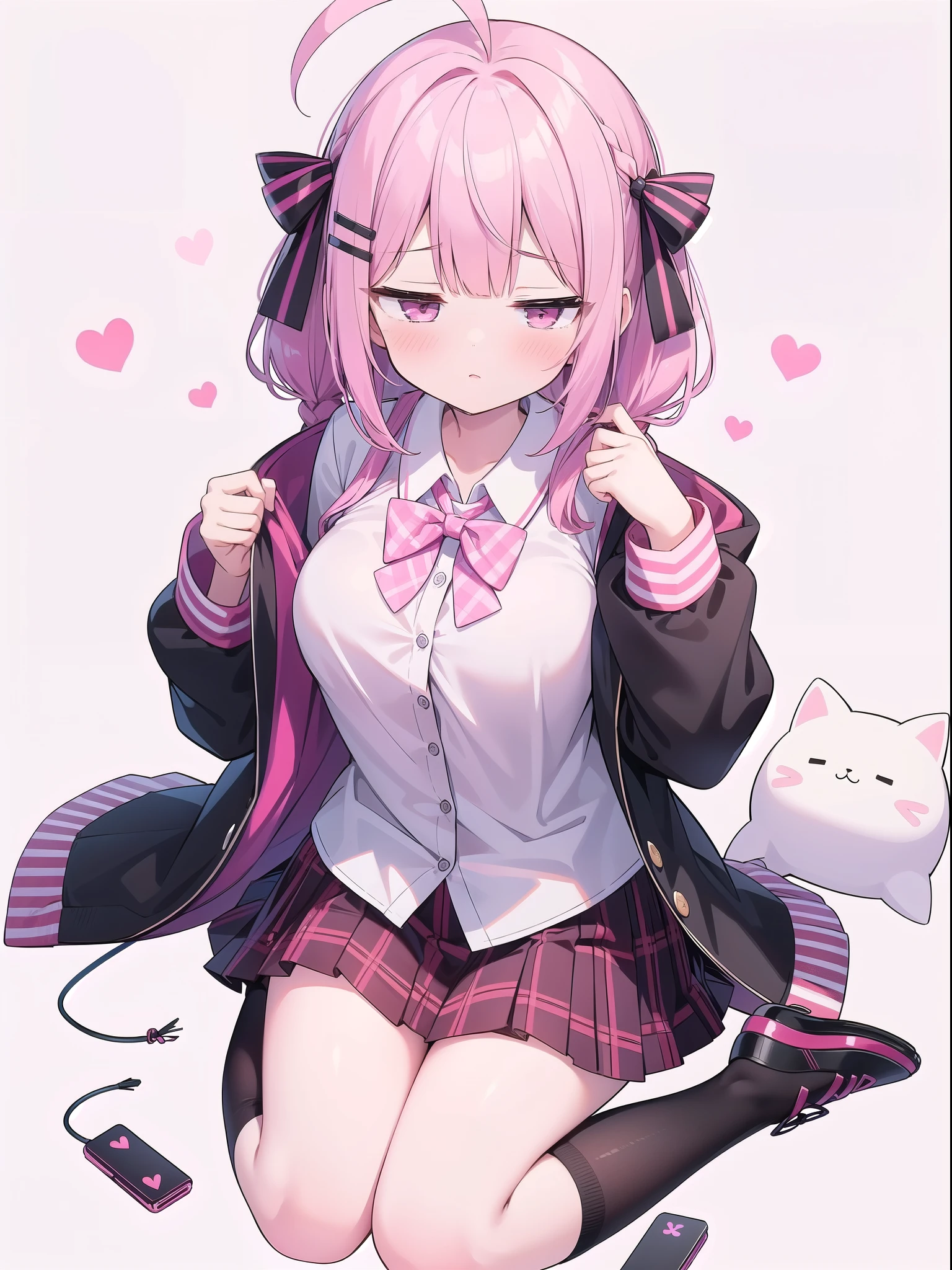 Large Breasts,High Resolution 1girl Ahoge Bobby_pin bow bowtie braid brOwn_目s collared_shirt dojikko_Temporarily stop_shirt frilled_shirt_Color Free Joint_skirt frills hair_bow hair_ornament hairpin hand_in addition_Own_head, heart, heart_hair_Decorative hood_jacket jacket lin additiong_Pentagon Pink_hair plaid plaid_Ribbon Check_Pleated skirt_skirt shirt shoelaces shoes simple_background sitting skirt solo star_(symbol) twin_Braided Warisa White_Background white_Knee socks, whole body