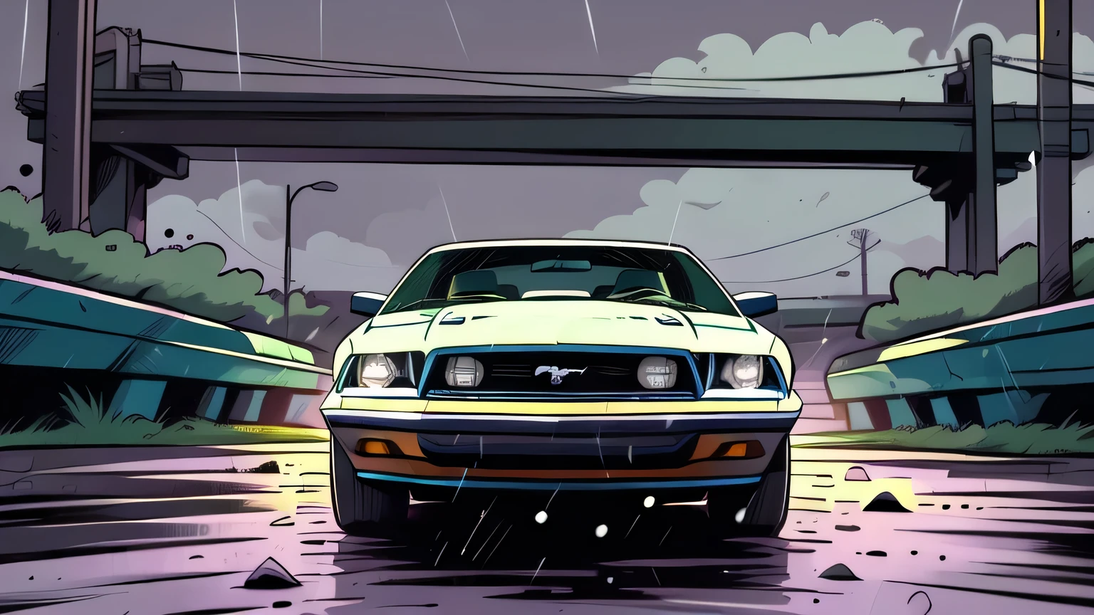 Grey 1987 mustang fox body, slammed to yhe ground, pop art,  cartoonish style , sketch, detailed illustration, large wheels, wide bodykit ((([Dark grey background]))), under a bridge, green colour, night time, rainy weather