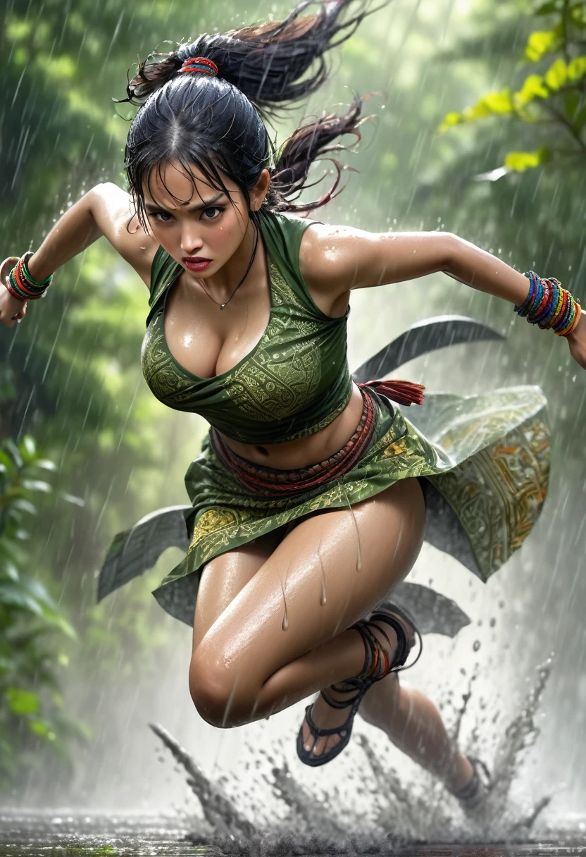 Javanese female warrior, sweaty athletic body, wearing a batik traditional cloth, grab a big sword, big breasts, hands wearing bracelets in a tense situation and under the rain, wet. green forest background with flying birds. realistic, dramatic, detailed