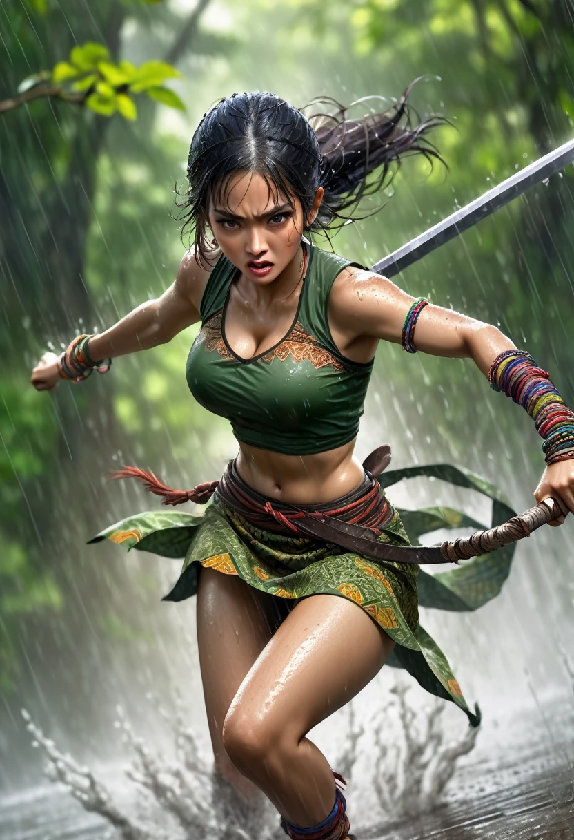 Javanese female warrior, sweaty athletic body, wearing a batik traditional cloth, grab a big sword, big breasts, hands wearing bracelets in a tense situation and under the rain, wet. green forest background with flying birds. realistic, dramatic, detailed