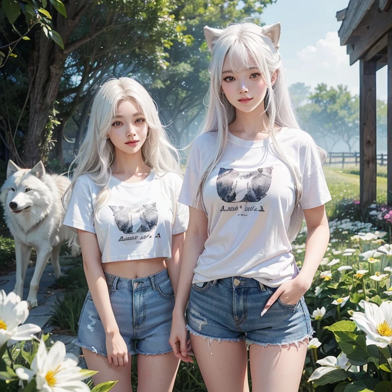 Flower tunnelを歩く, Flower tunnel、 Windy weather, White Wolf、 ((highest quality、masterpiece、8k、Best image quality、Ultra-high resolution、Award-winning works)、(Accurate anatomy:1.1)、(Look at me and smile:1.1)、Shining fair skin with Ultra-high resolution、The most detailed face、Ultra-high resolution detailed face、Short, flowing white hair 、Beautiful face drawn in every detail,T-shirt and shorts, Modest chest , A real wolf next to a girl 