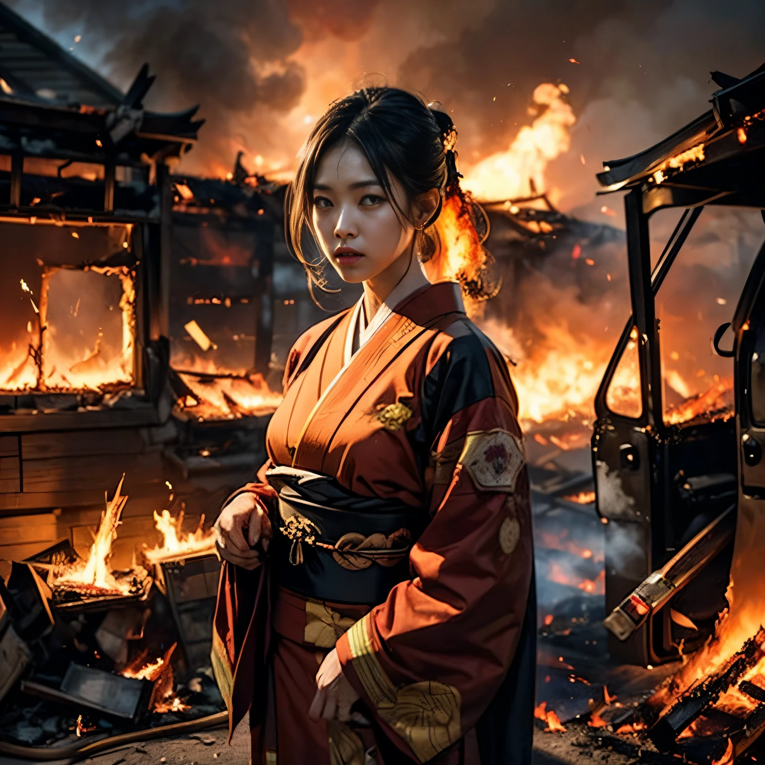 medieval Japan、With the burning castle in the background、A young and extremely beautiful princess、Highly detailed eyes and face、Beautifully detailed eyes、Beautifully detailed lips、 Long eyelashes、 (highest quality、Super detailed、Real、HDR)、Traditional Japanese Clothing、Detailed straight, lustrous black hair、Focused and sharp eyes、A fierce and determined look、The kimono has a colorful and elegant design with a floral motif.、(Fire、Fire事:1.7)、Intense flames、Burning hell、Engulfing Fire、Fiery Destruction、burning、thick smoke、Raging Firestorm、Devastating Fire、Fiery Chaos、Burning embers、Crackling Hell、Burning building 、Out of control wildfires、Dangerous Flames、Firefighters battling the flames、Smoldering ruins、Fear and panic、Destruction and chaos、Red-hot Intensity、Dramatic fire scene、Burning Fire、A fiery tongue licking the sky、Swirling smoke、Furious Fire Dance、Ears - A sharp alarm sound、Firefighters struggling to contain the blaze、Smoky Haze、Engulfed in flameassive Fireball、Burns everything in its path、Smoke Aftermath、Scorched Earth、A dramatic rescue、Hell engulfing the city、Flames reaching the night sky、Collapsing infrastructure in the middle of flames、Hotter than hell、Dark and ominous cloud of smoke、Blinding heat and flames、Ignition and destruction、An eerie glow illuminating the chaos、Firefighters risk their lives to save others、Burning building collapse、Desperate escape from the flames、Combat between firefighters and fire、Strong heat radiation、A consuming flame that leaves nothing behind、Devastation after the fire、Threat of Fire、fiery red and orange hues、Apocalyptic scenes of destruction、Firefighters brave the dangers amid chaos、Desperate attempts to control the fire、見渡す限りのburningの風景、Sweltering heat wave、A firestorm that consumes everything in its path