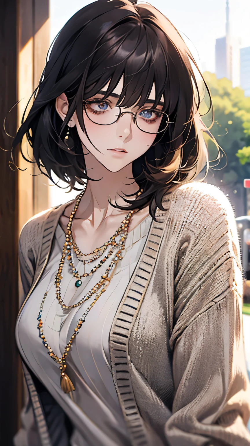 gorgeous adult woman, long neck, long short hair, bangs, perfect eyes eyes, soft light, high quality, 4k resolution, casual clothes, bead necklace, knit cardigan, over-rim eyewear, bespectacled